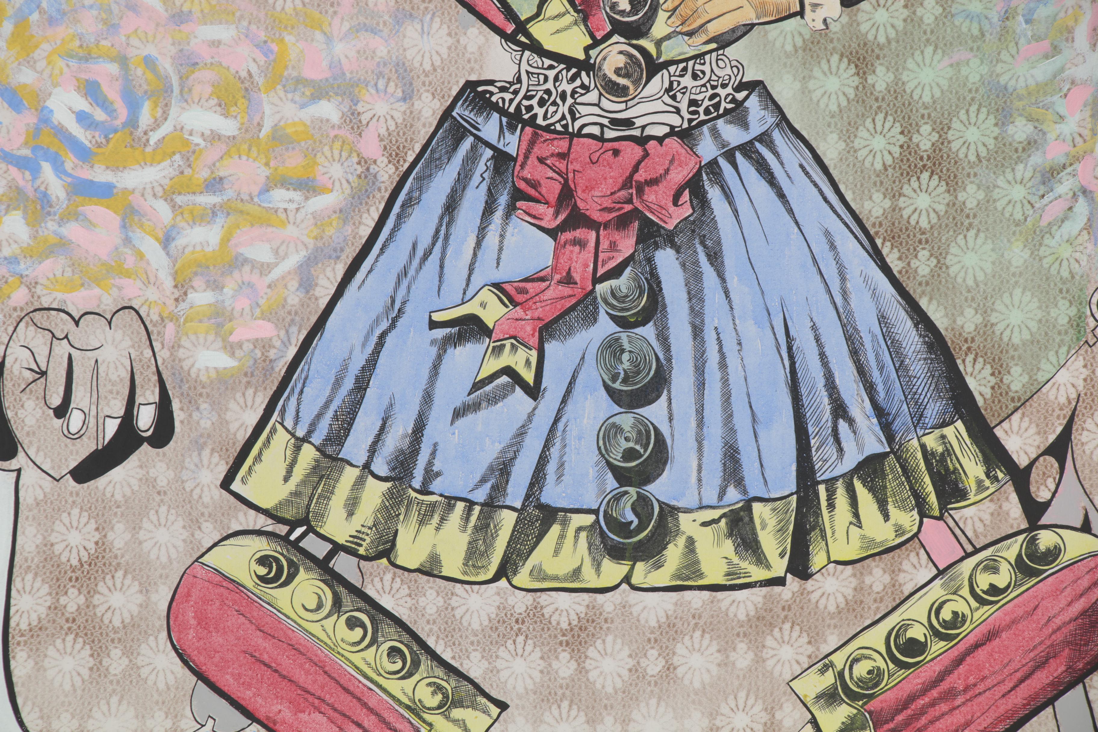 Eduardo Oliva Monumental Mixed Media Painting "Señora Arlequin Concada El Hilo"