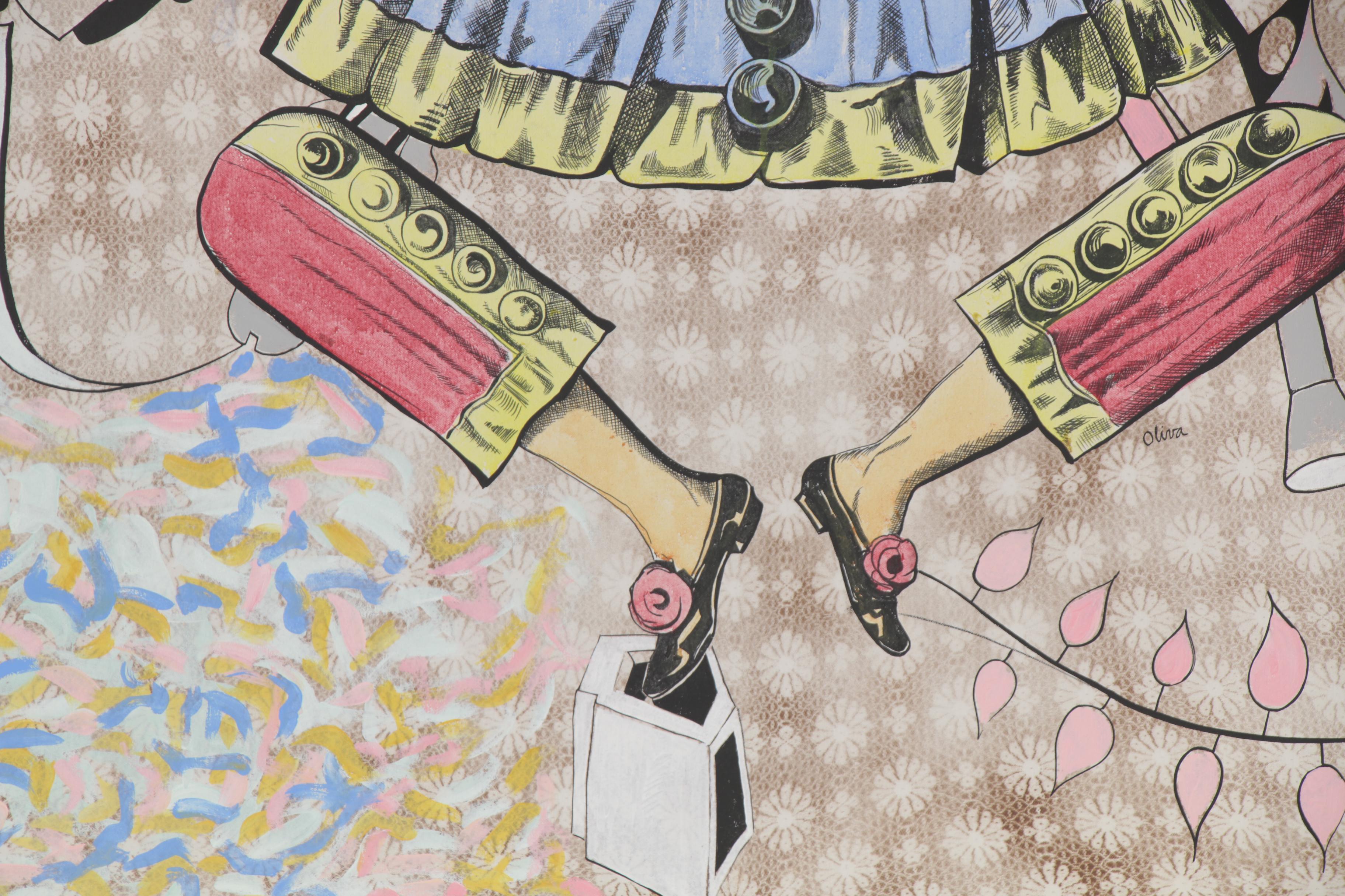 Eduardo Oliva Monumental Mixed Media Painting "Señora Arlequin Concada El Hilo"