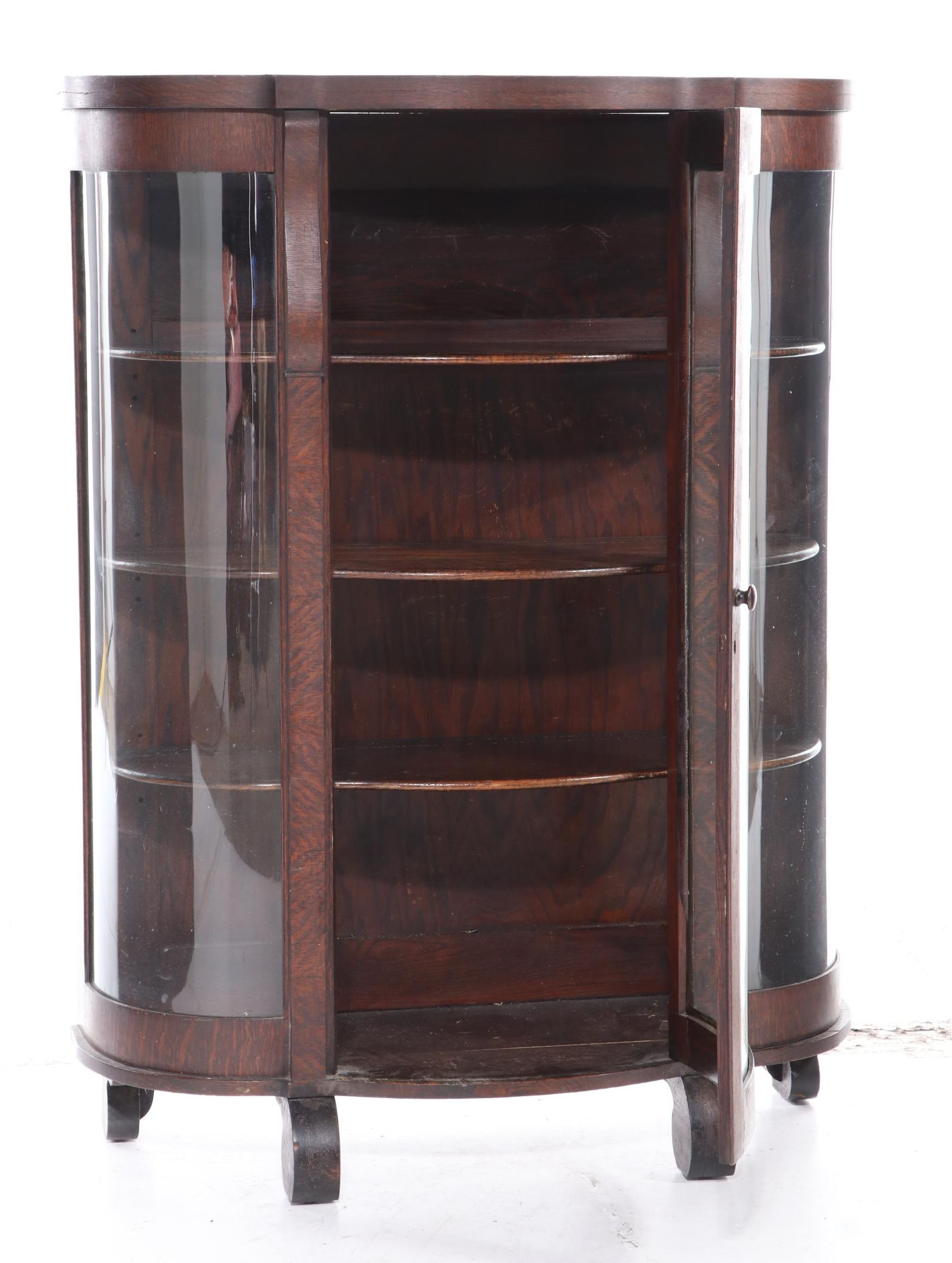 American Empire Style Oak Curved Glass China Cabinet, Early to Mid 20th C.