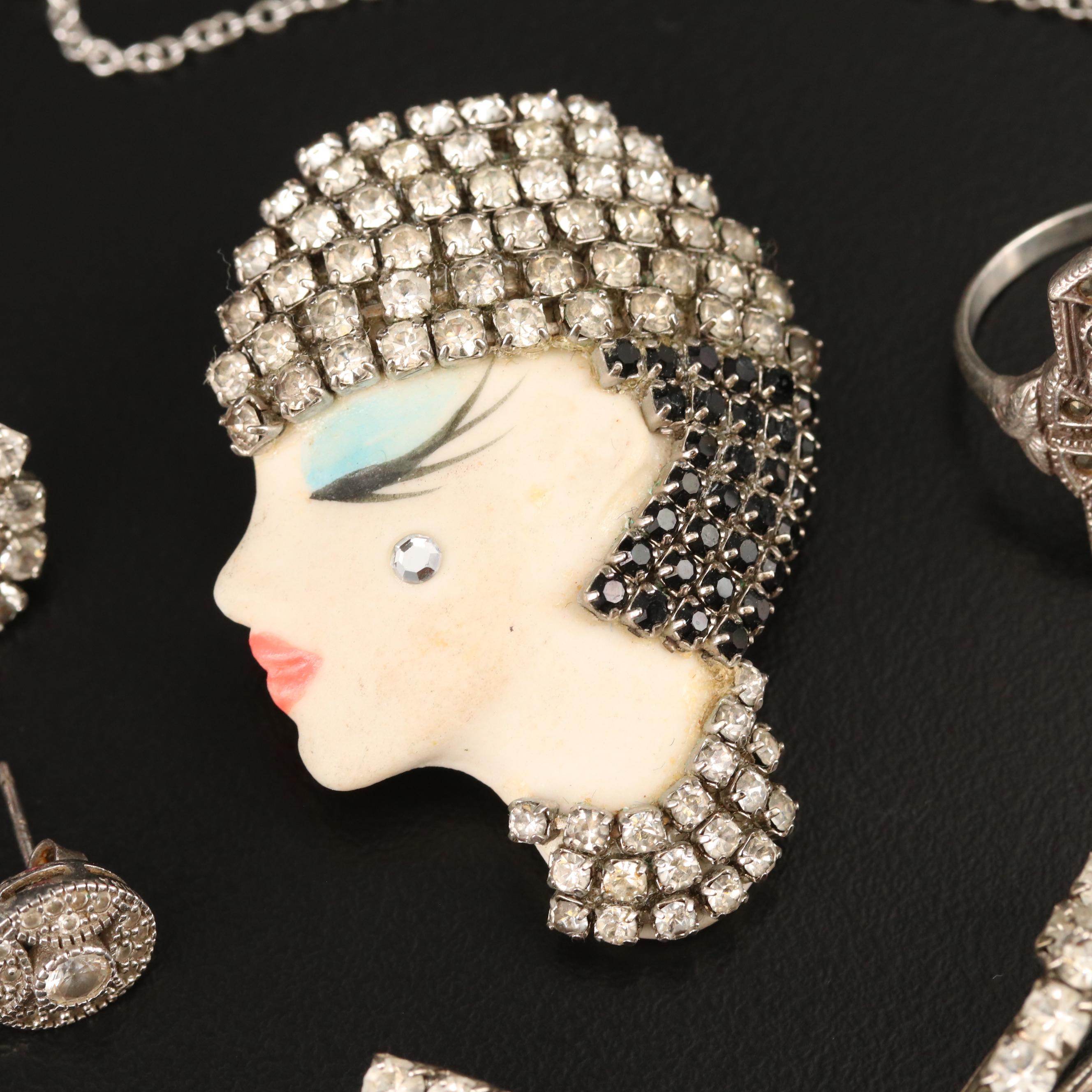 Marsha Bauer Porcelain Flapper Brooch, Other Rhinestone Jewelry and Sterling