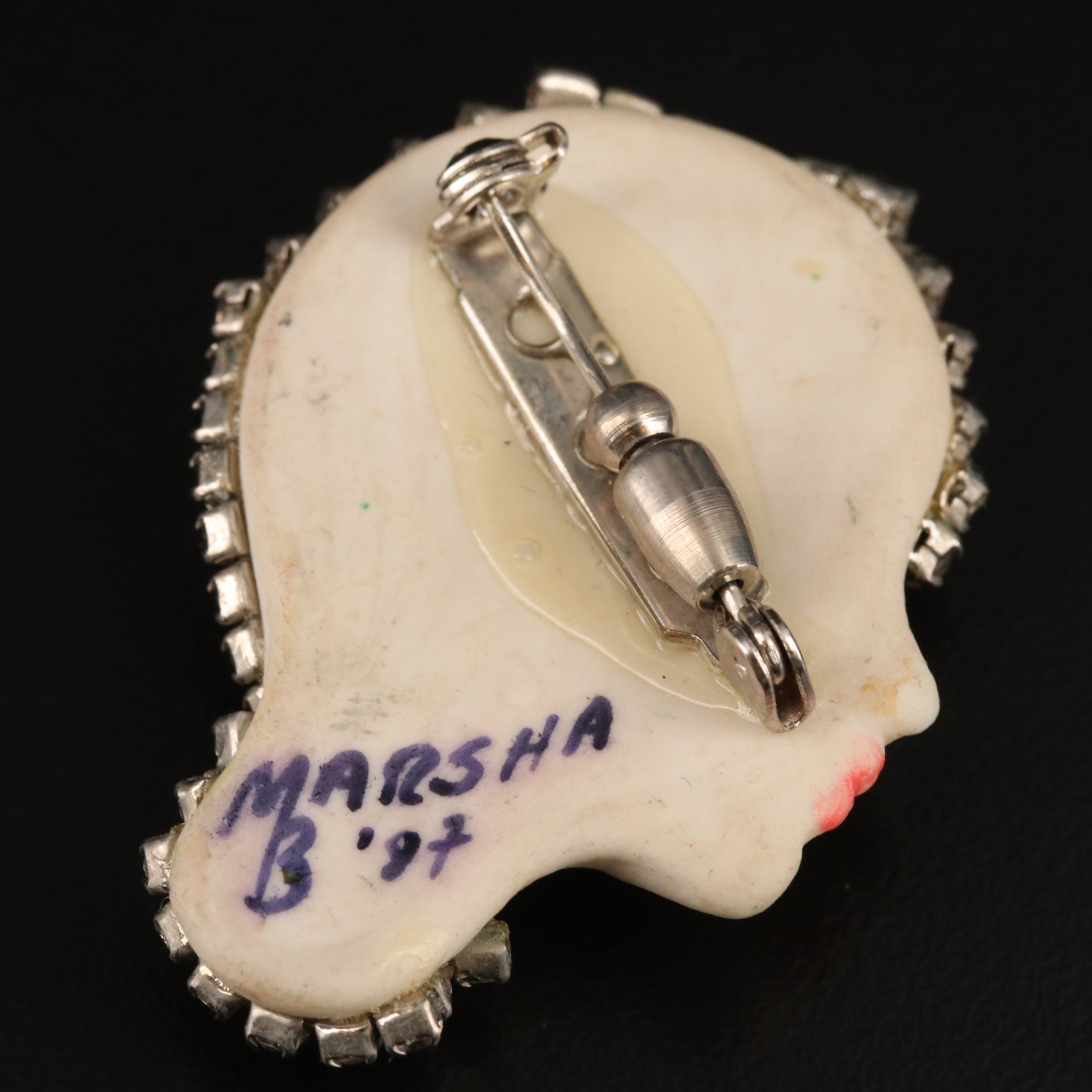 Marsha Bauer Porcelain Flapper Brooch, Other Rhinestone Jewelry and Sterling