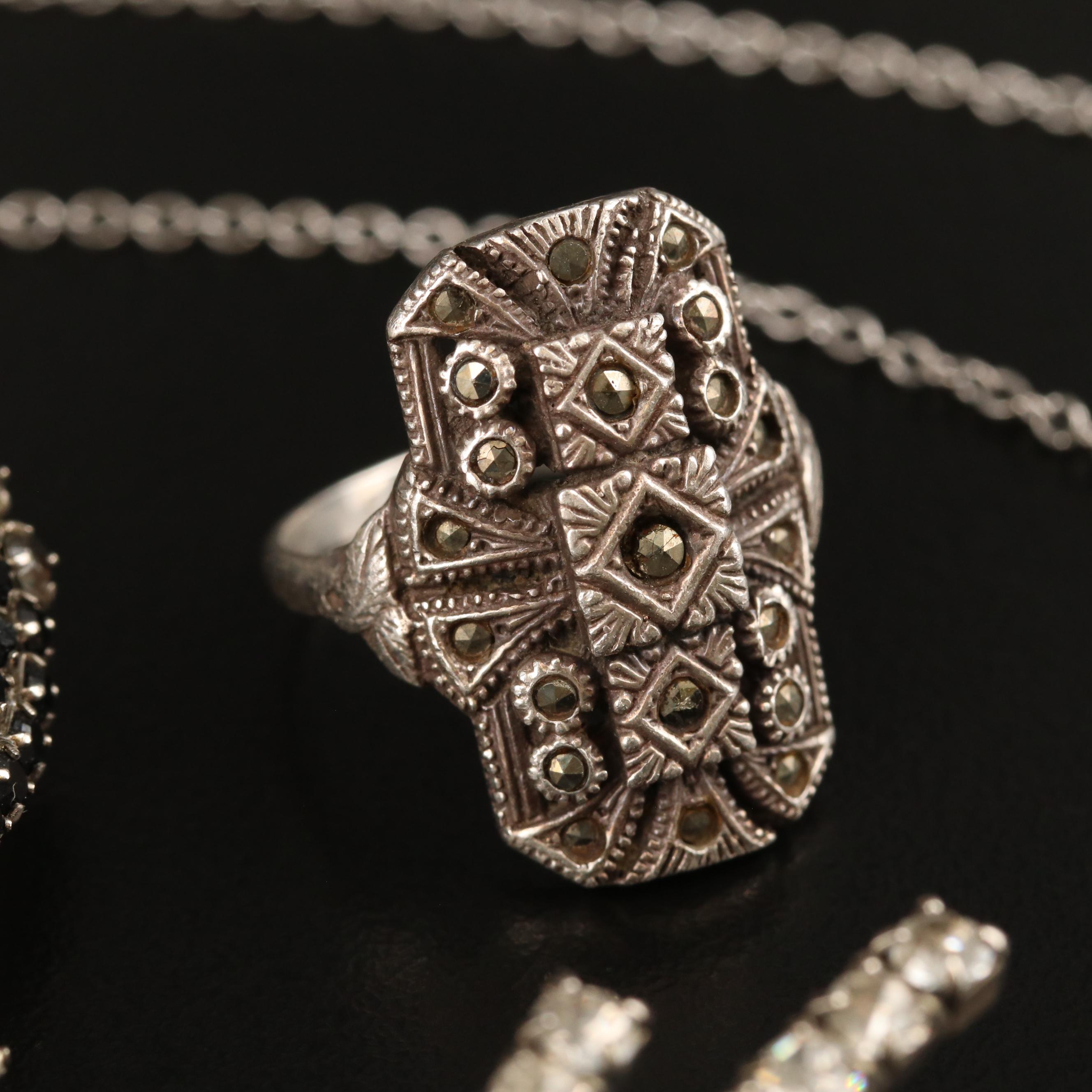 Marsha Bauer Porcelain Flapper Brooch, Other Rhinestone Jewelry and Sterling