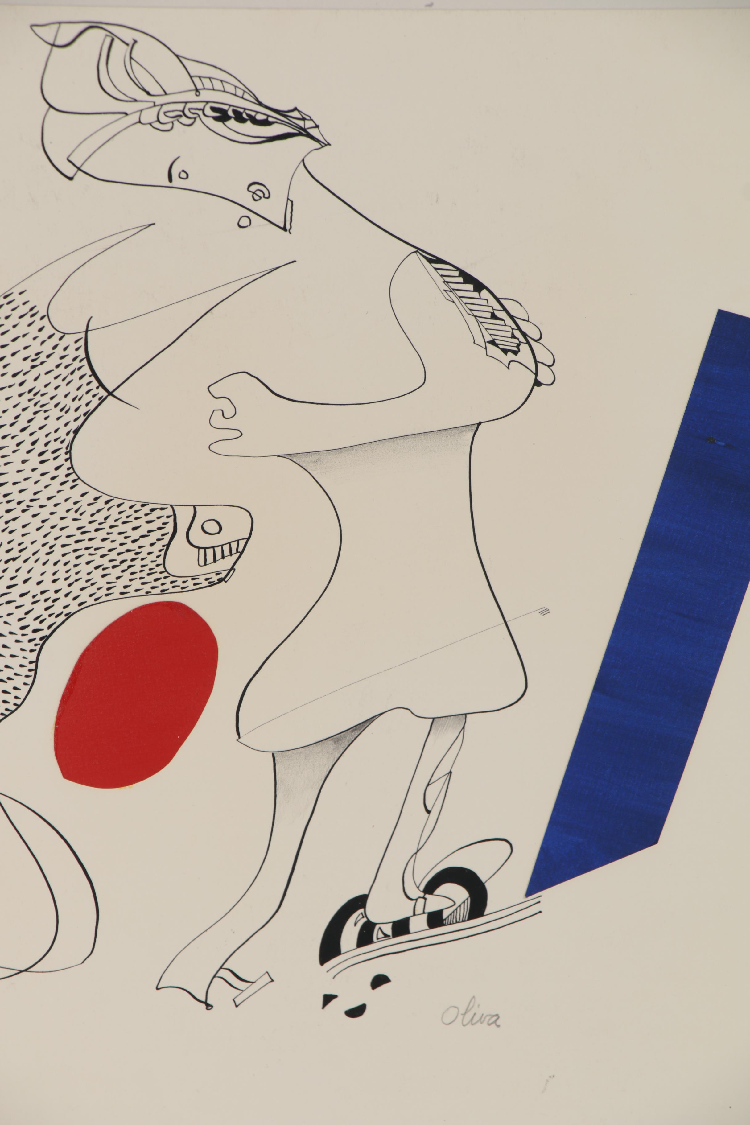 Eduardo Oliva Surrealist Mixed Media Drawing of Figure with a Bull