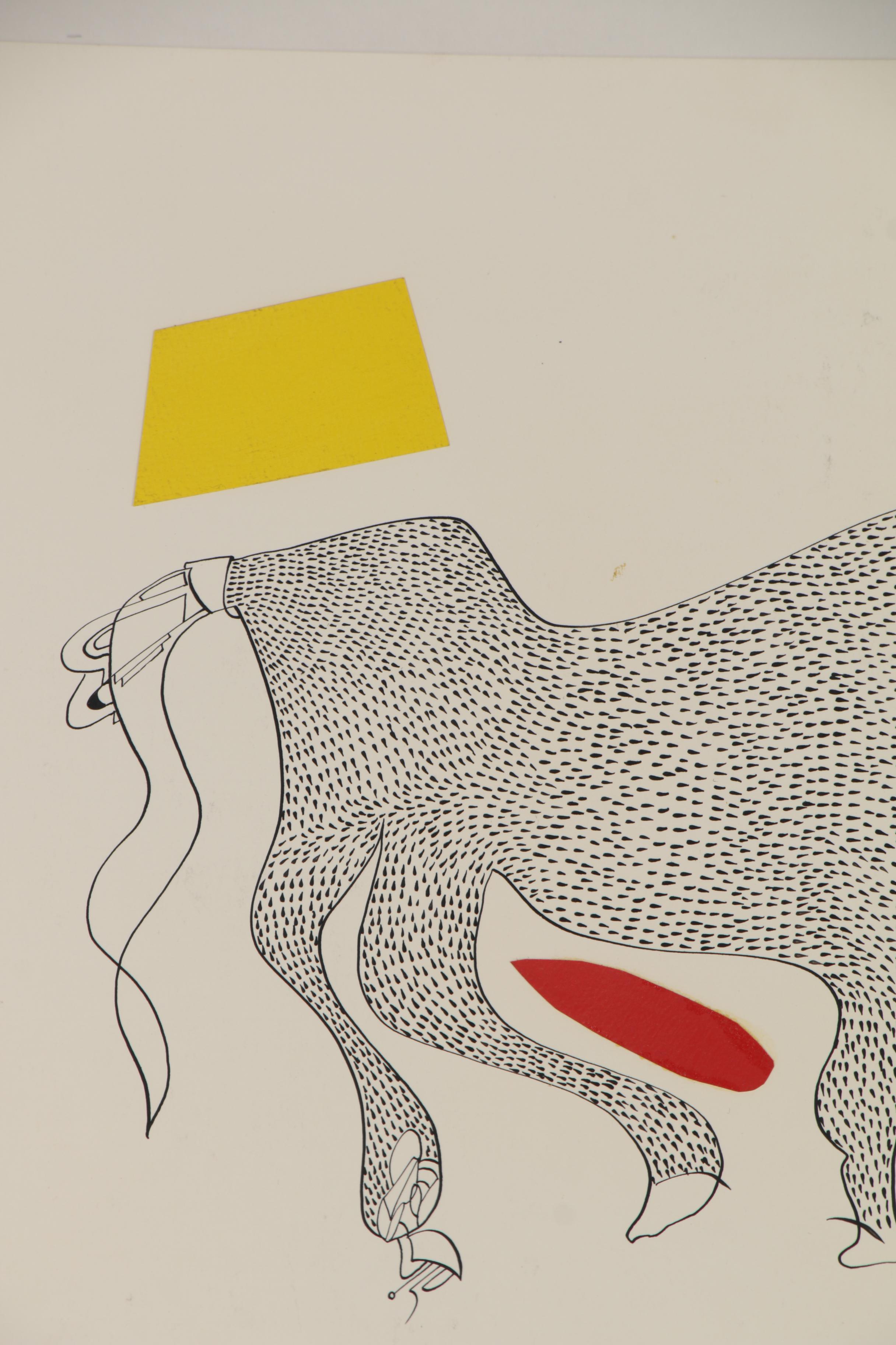 Eduardo Oliva Surrealist Mixed Media Drawing of Figure with a Bull