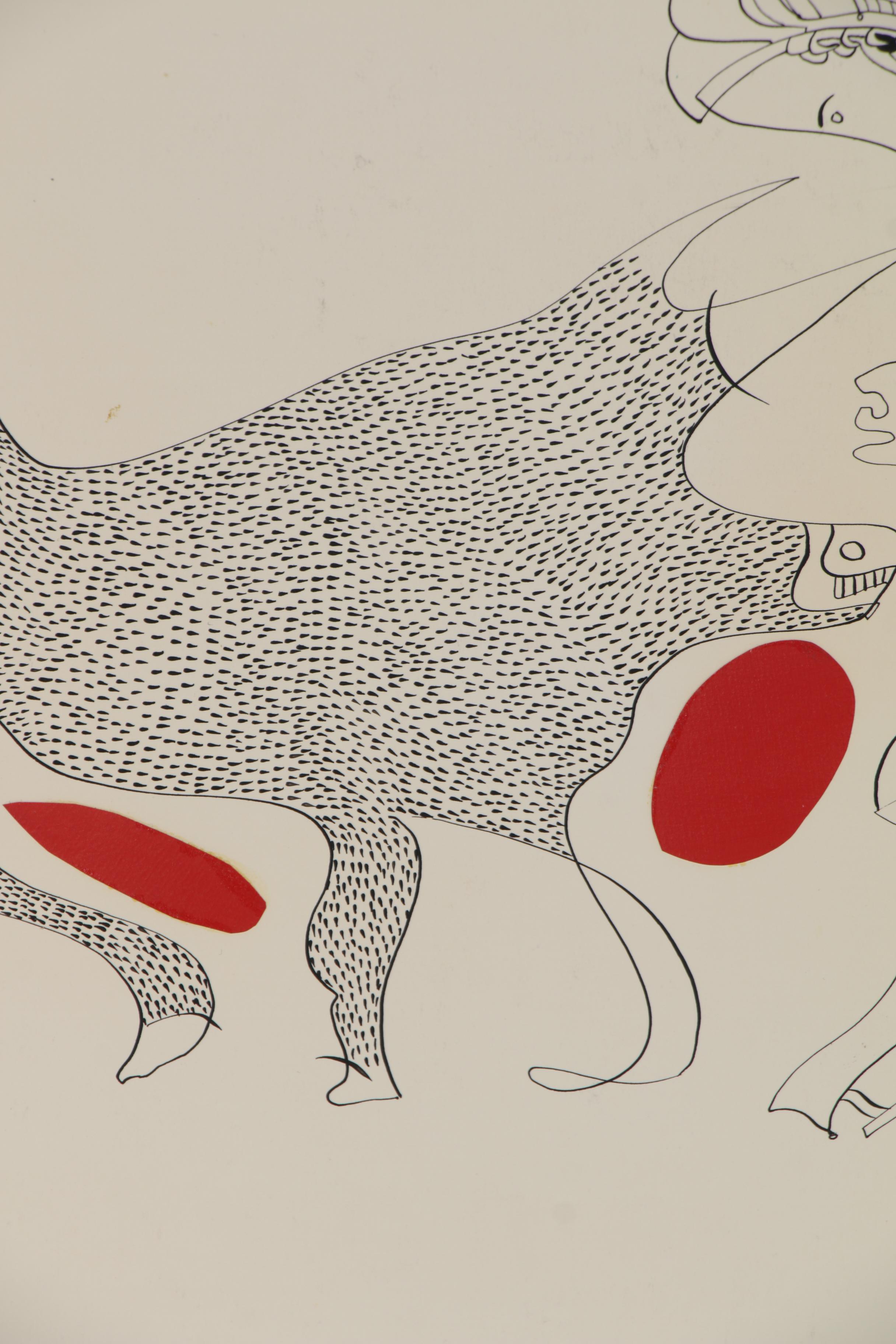 Eduardo Oliva Surrealist Mixed Media Drawing of Figure with a Bull