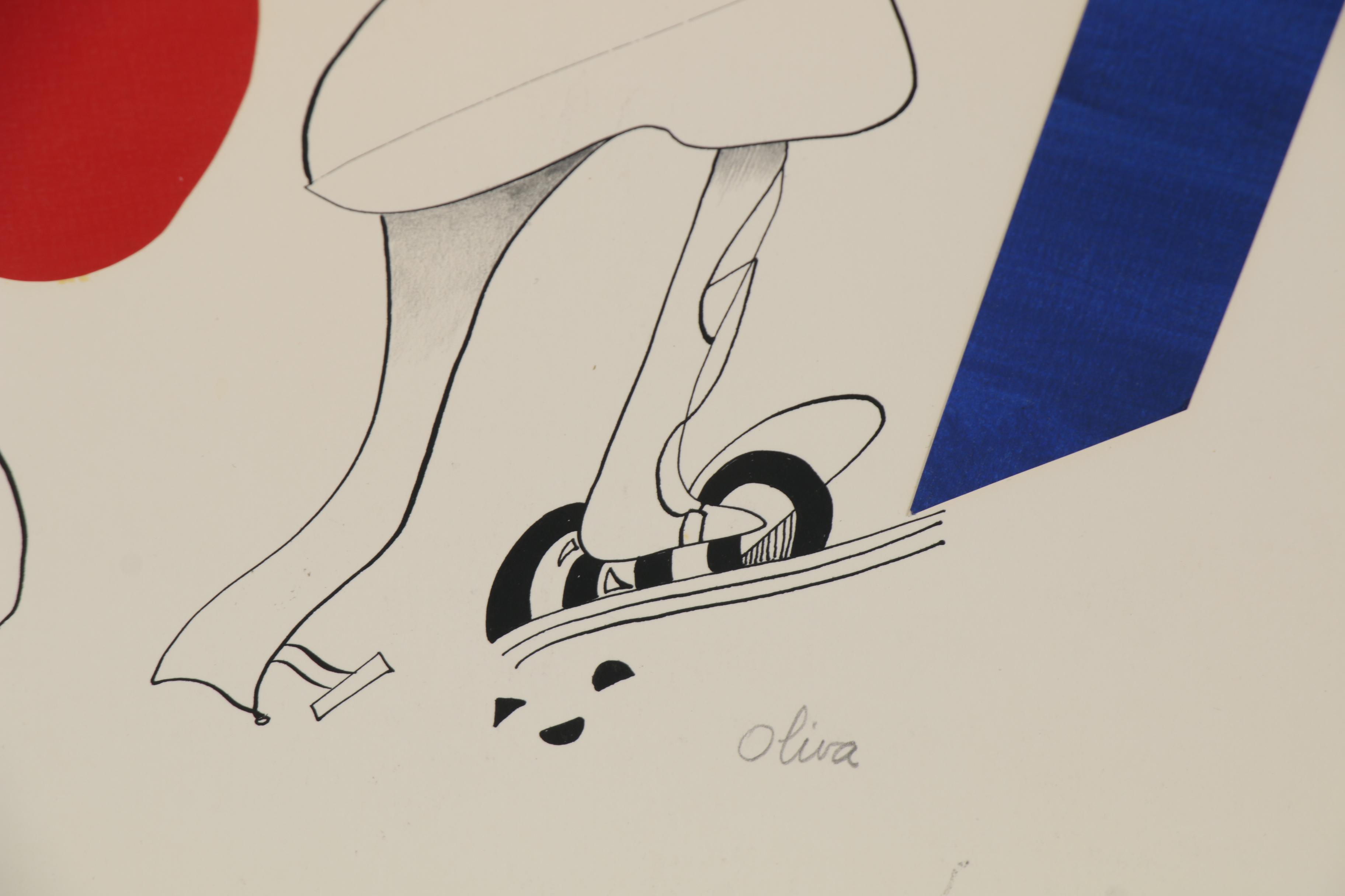 Eduardo Oliva Surrealist Mixed Media Drawing of Figure with a Bull