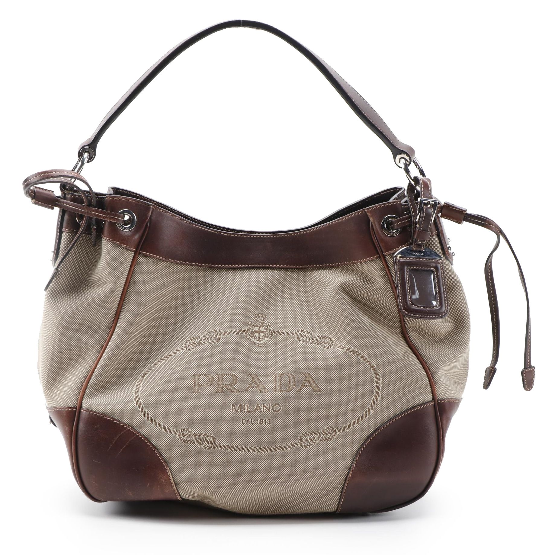 Prada Logo Jacquard Canvas Shoulder Bag with Brown Leather Trim