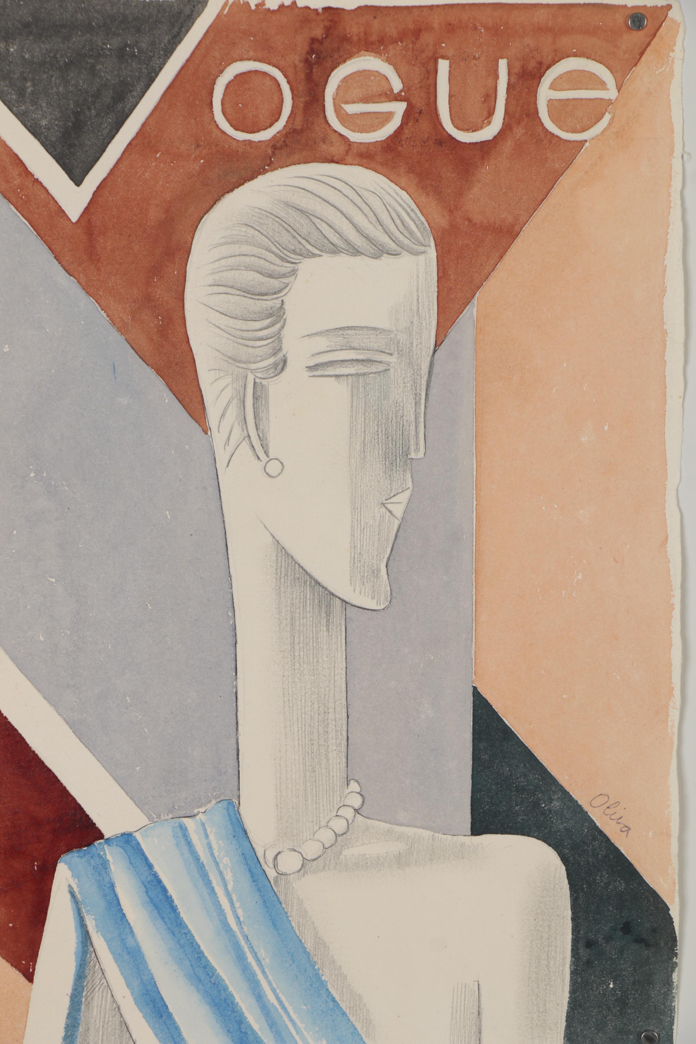 Eduardo Oliva Watercolor Fashion Illustration "Vogue," Late 20th Century