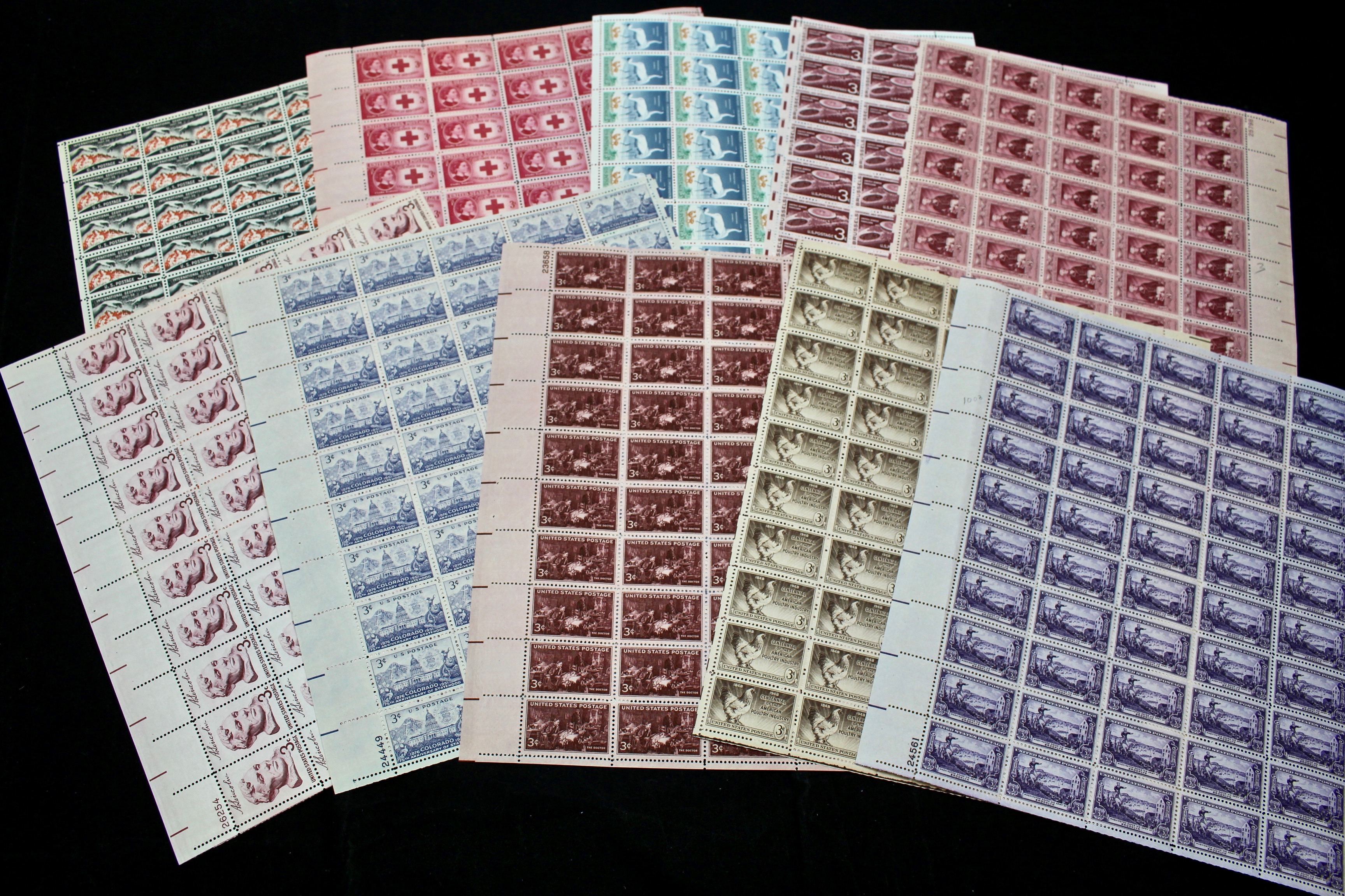 Fifty Different U.S. Postage Stamp Sheets, 1940s Through 1960s