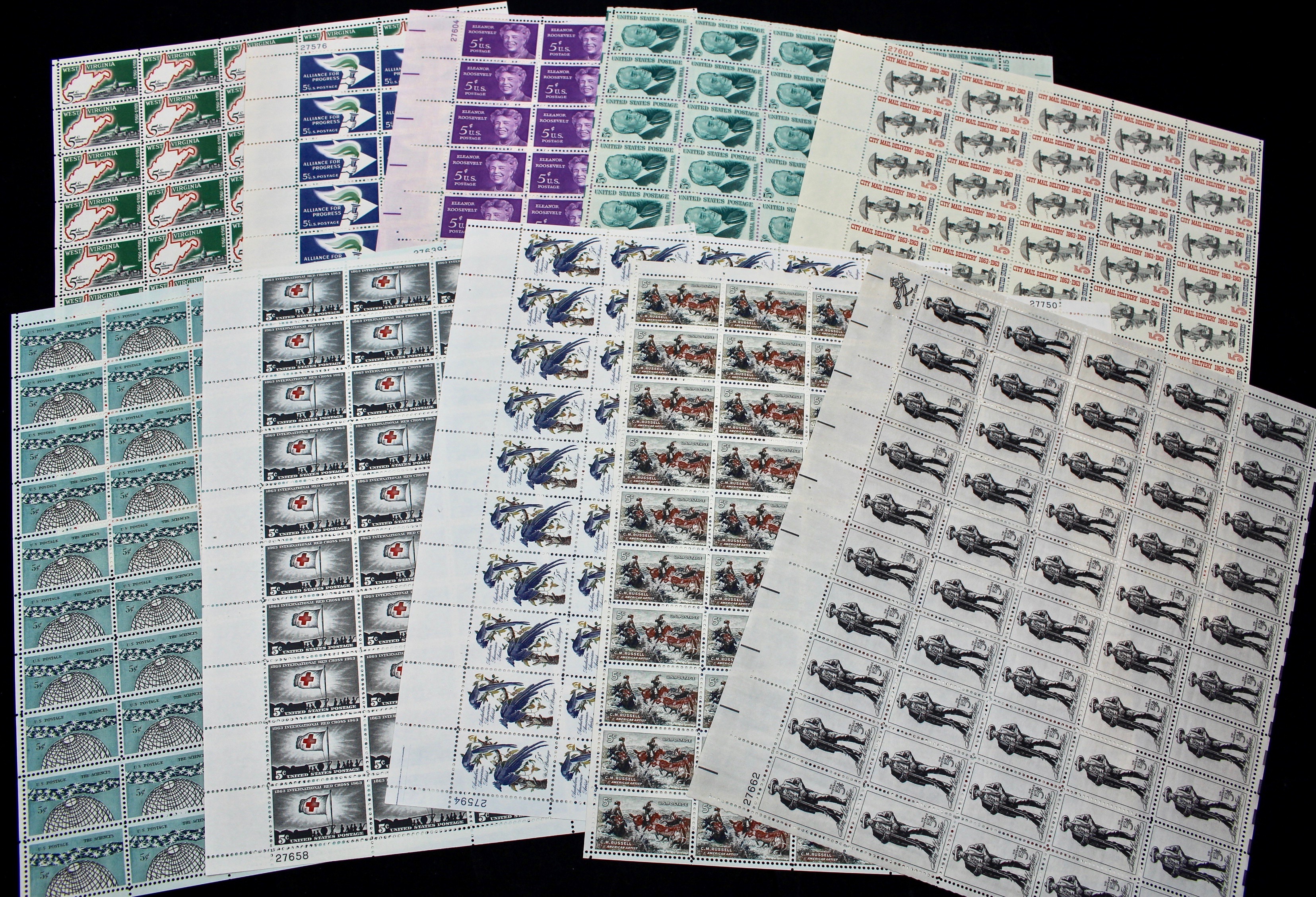 Fifty Different U.S. Postage Stamp Sheets, 1940s Through 1960s