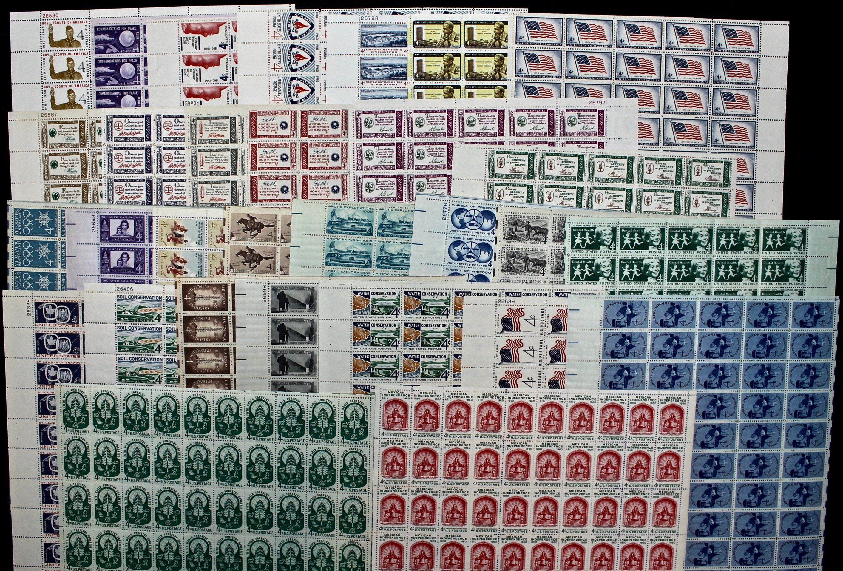 Fifty Different U.S. Postage Stamp Sheets, 1940s Through 1960s