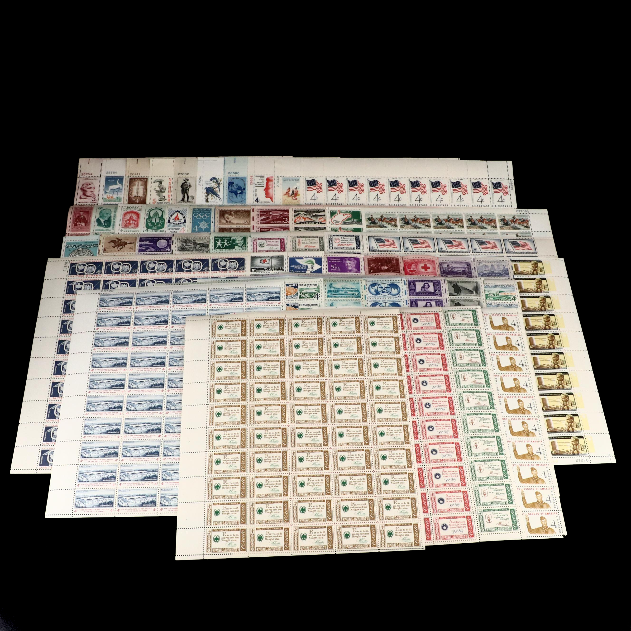 Fifty Different U.S. Postage Stamp Sheets, 1940s Through 1960s