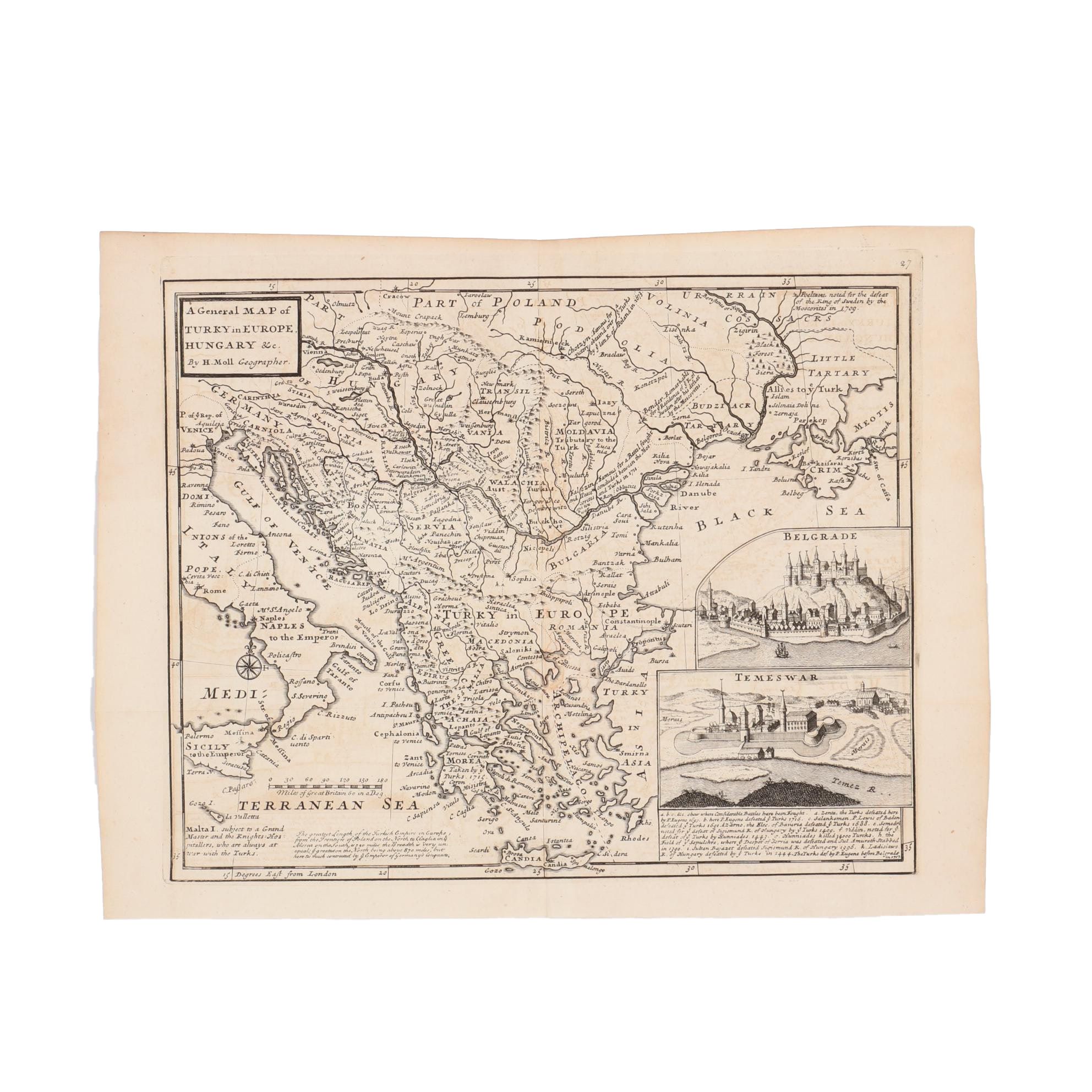 Herman Moll Engraving Map of Turkey and Hungary, circa 1729