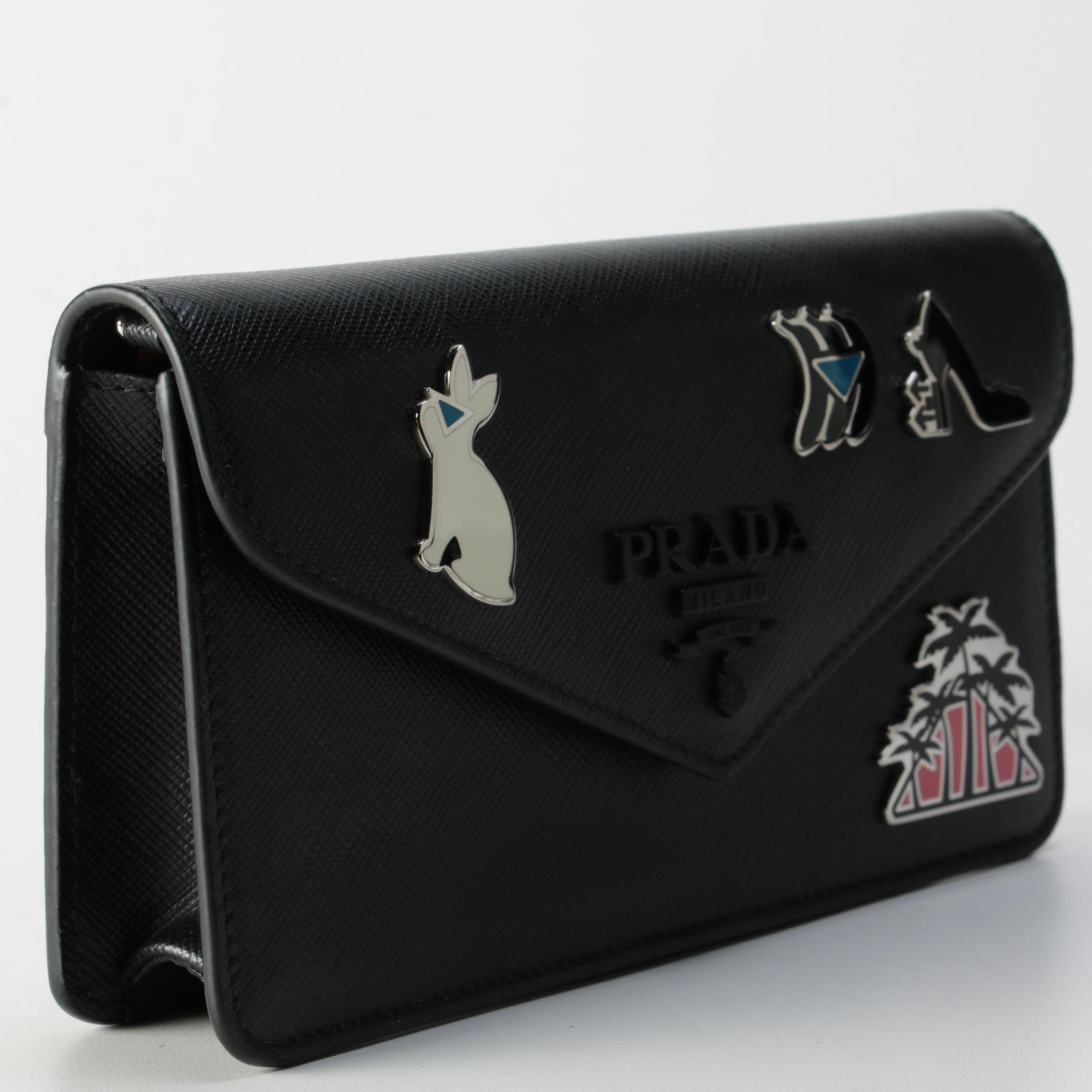 Prada Monochrome Enameled Wallet on Chain in Black Saffiano Leather