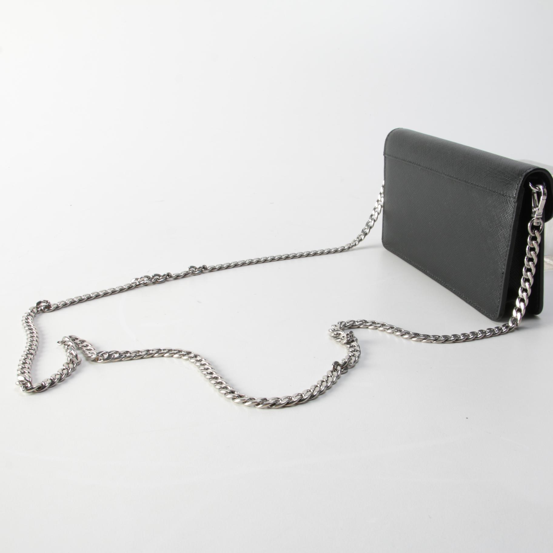 Prada Monochrome Enameled Wallet on Chain in Black Saffiano Leather