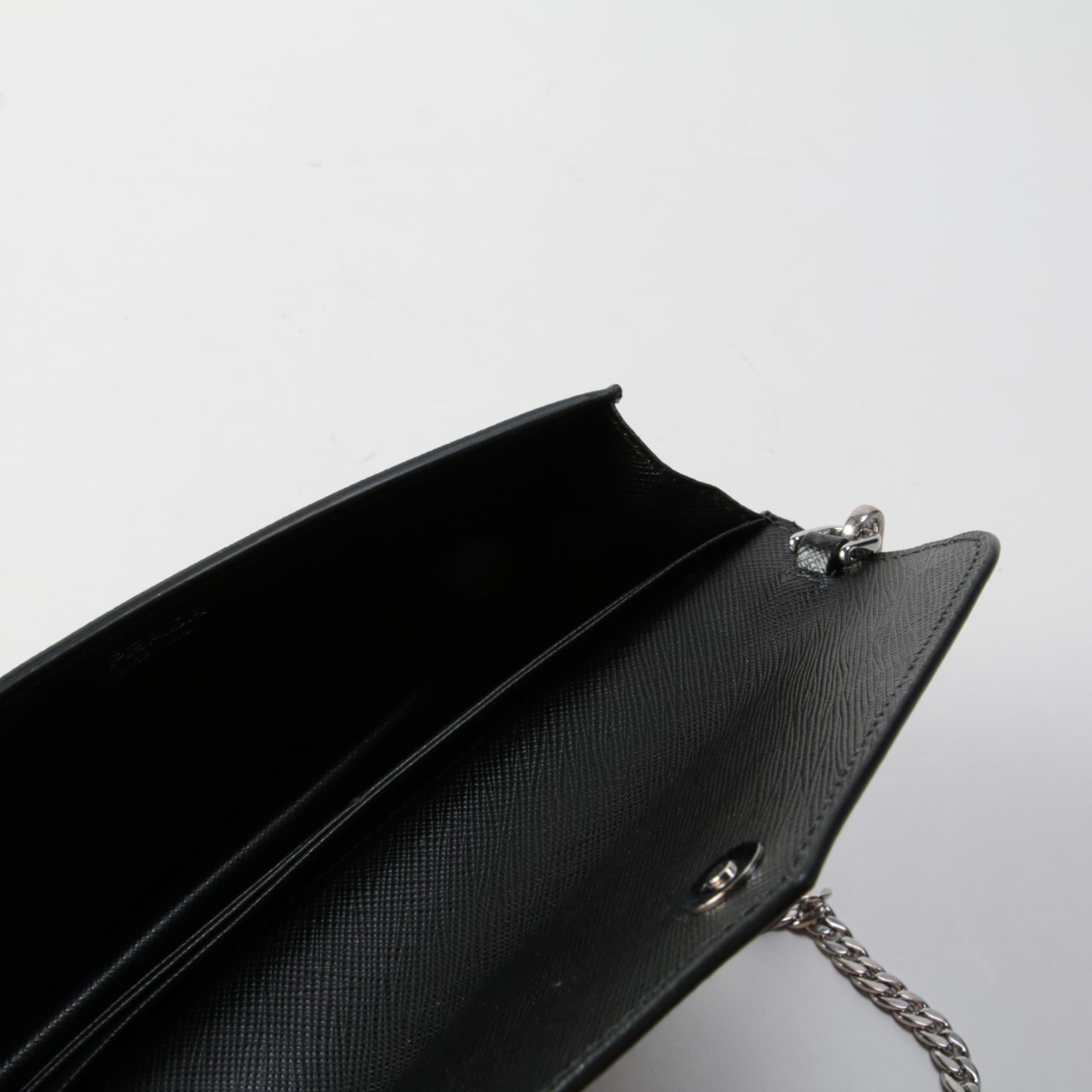 Prada Monochrome Enameled Wallet on Chain in Black Saffiano Leather