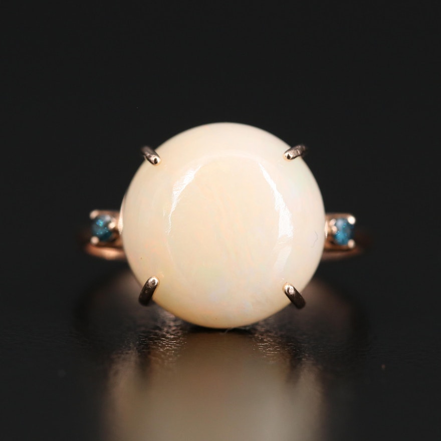 14K Oval Opal Cabochon and Diamond Ring