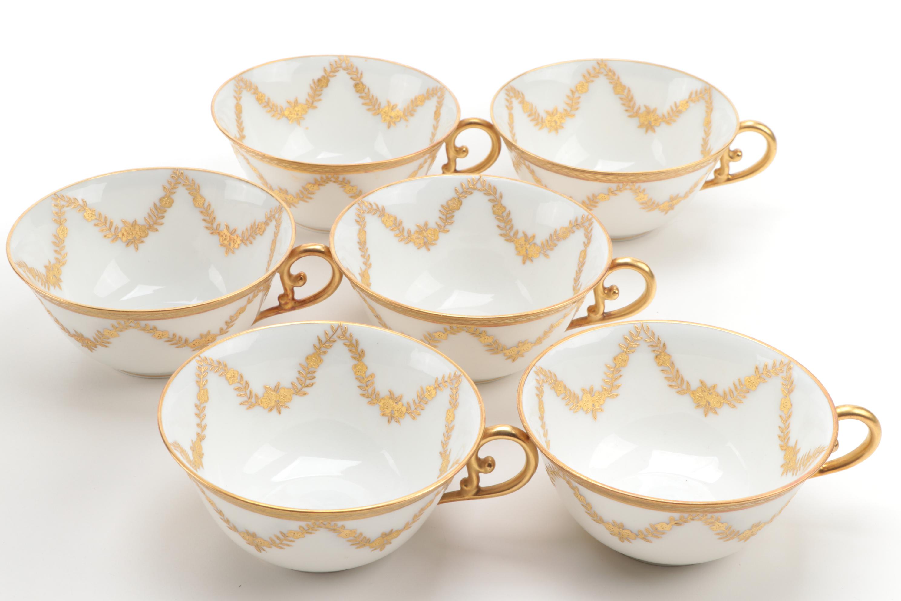 Limoges Porcelain  Gilt Leaf Swag Coffee and Dessert Service, Antique