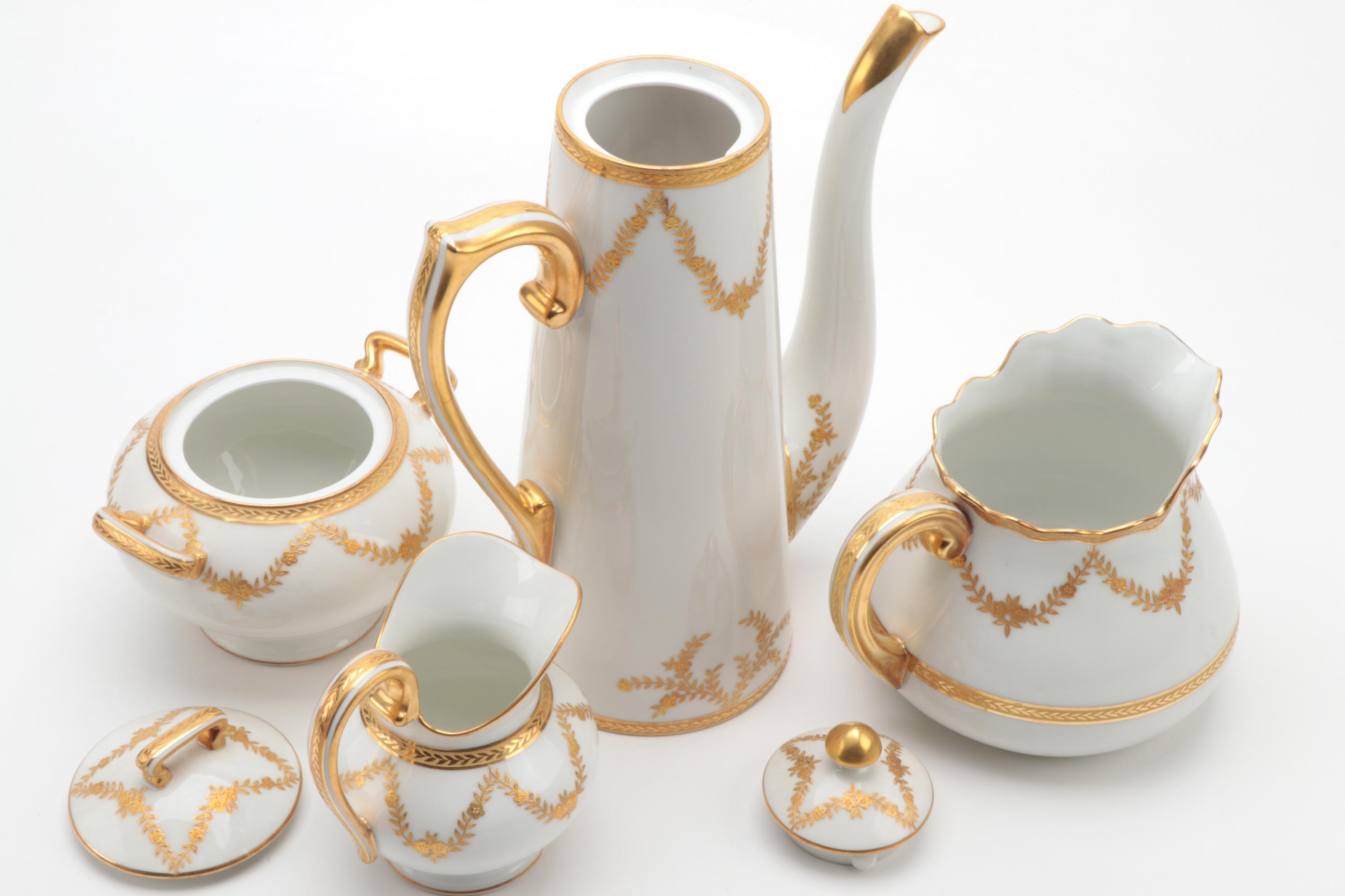Limoges Porcelain  Gilt Leaf Swag Coffee and Dessert Service, Antique