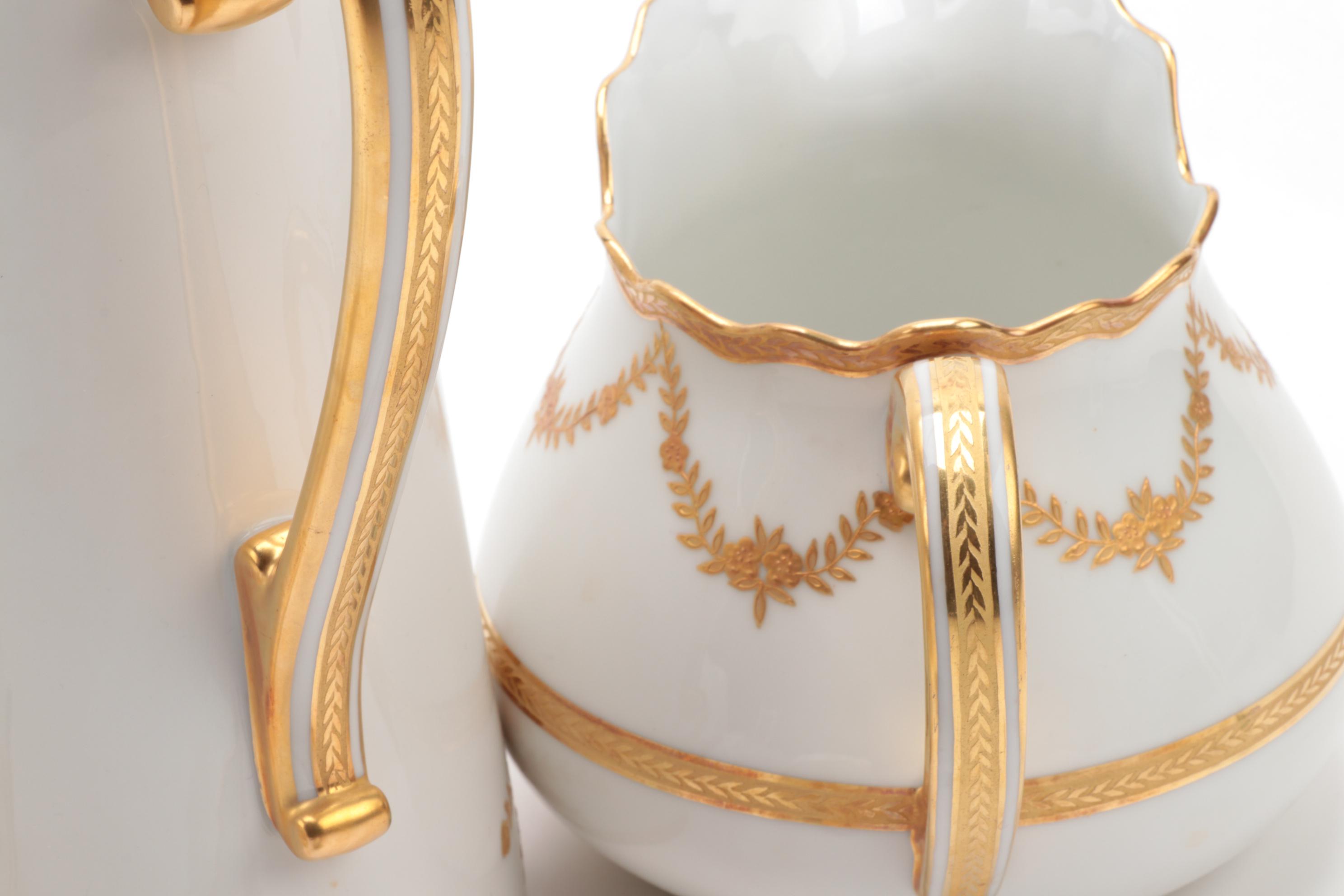 Limoges Porcelain  Gilt Leaf Swag Coffee and Dessert Service, Antique