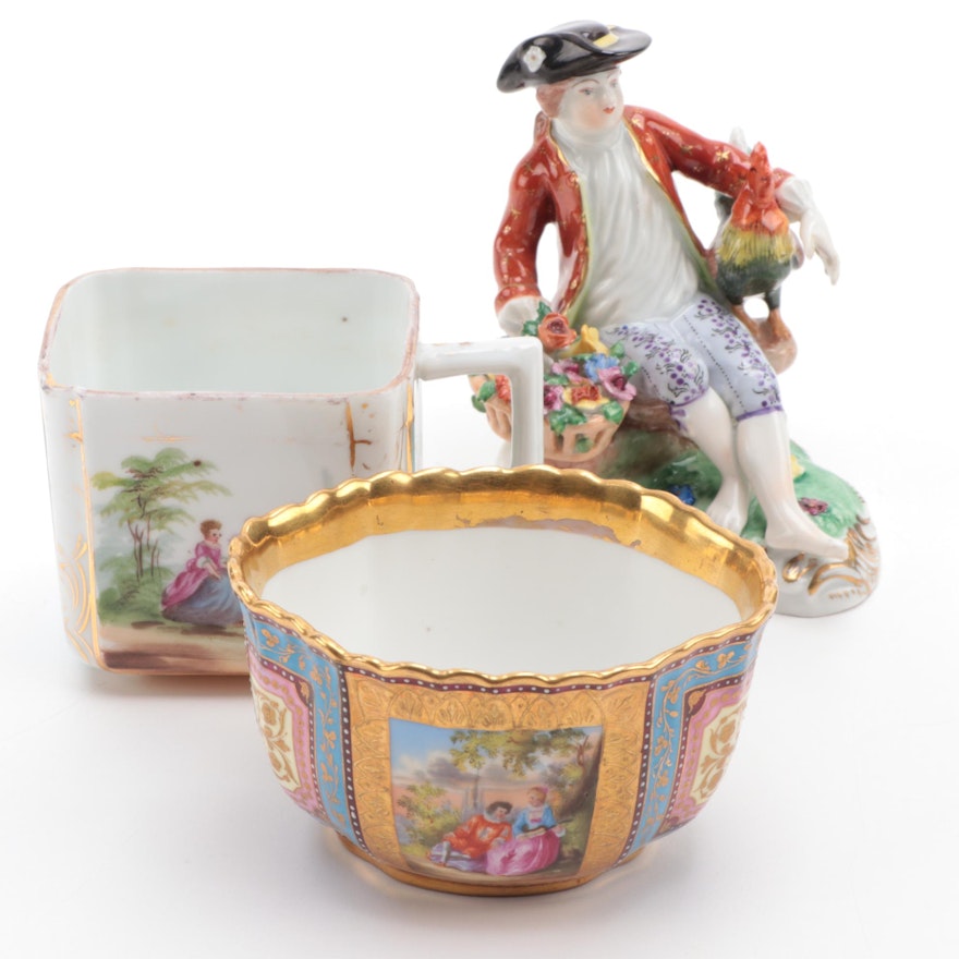 Dresden Porcelain Figurine and Hand-Painted Royal Vienna Style Cups