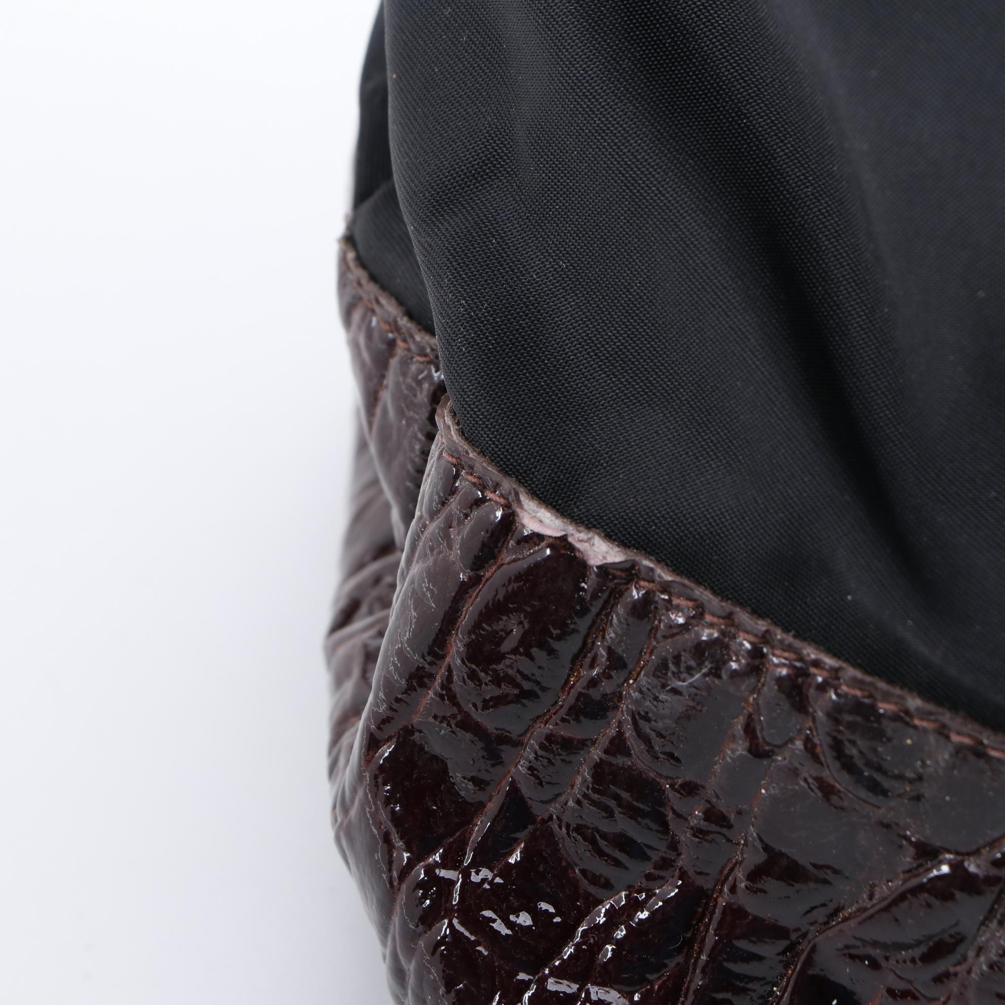 Prada Black Nylon Top Handle Bag with Embossed Brown Leather Trim