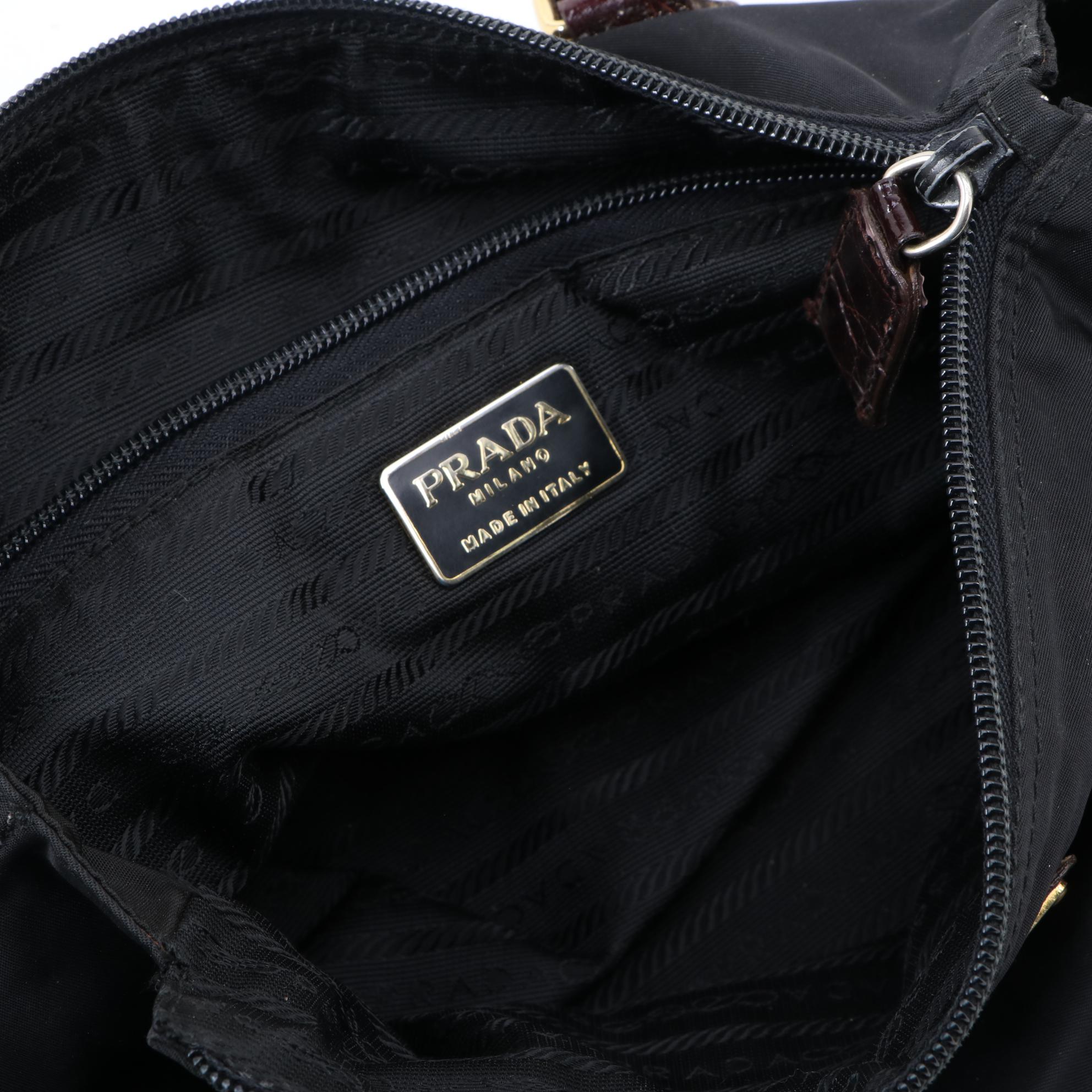 Prada Black Nylon Top Handle Bag with Embossed Brown Leather Trim