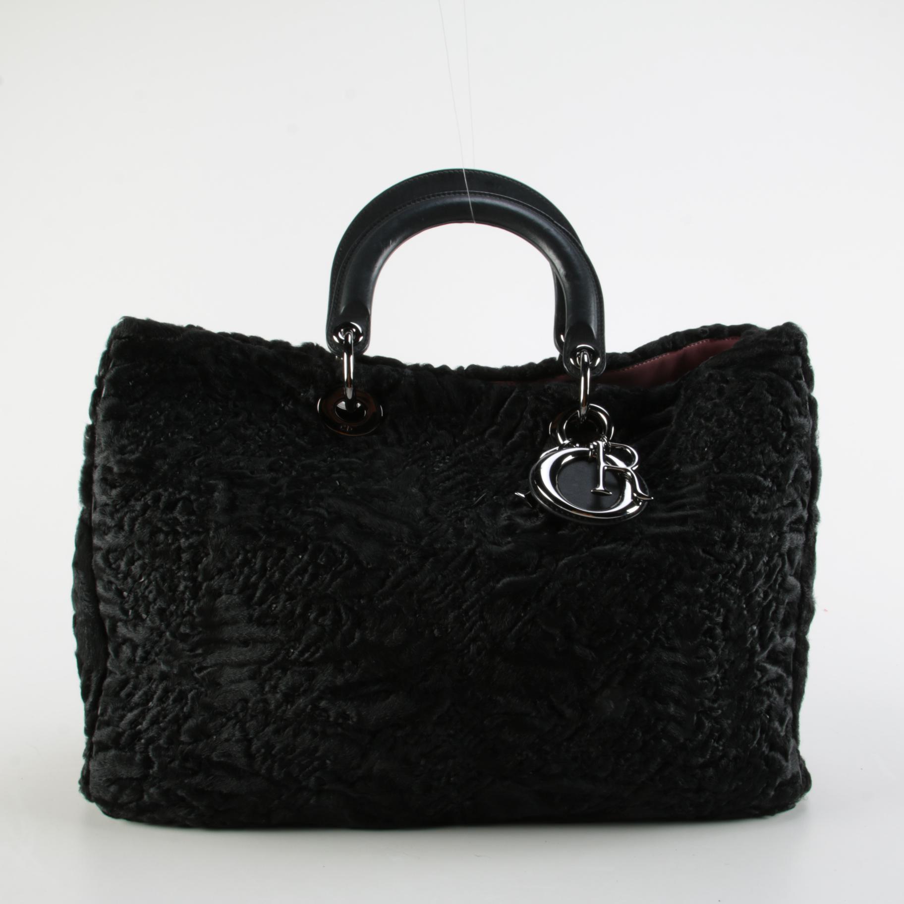 Christian Dior Diorissimo Embroidered Black Astrakhan Fur Two-Way Tote and Pouch
