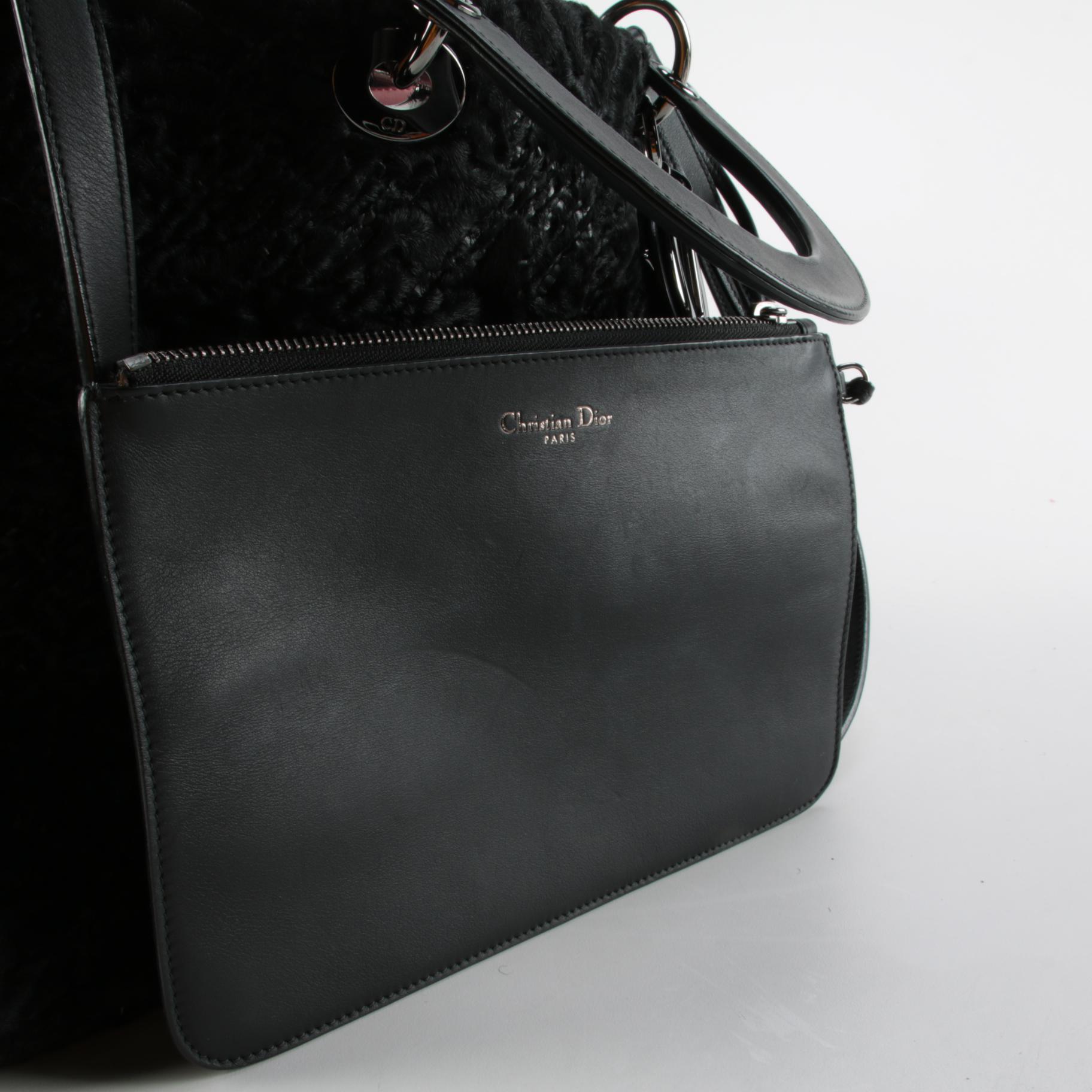 Christian Dior Diorissimo Embroidered Black Astrakhan Fur Two-Way Tote and Pouch