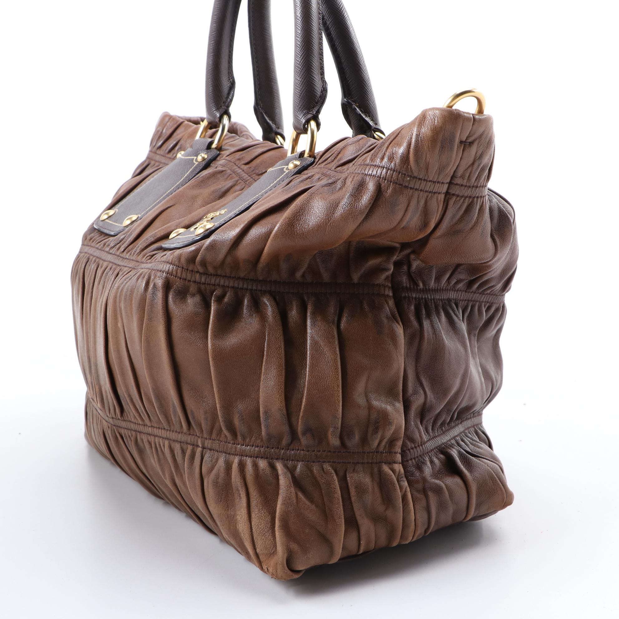 Prada Nappa Gaufre Top Handle Bag in Brown Lambskin and Saffiano Leather