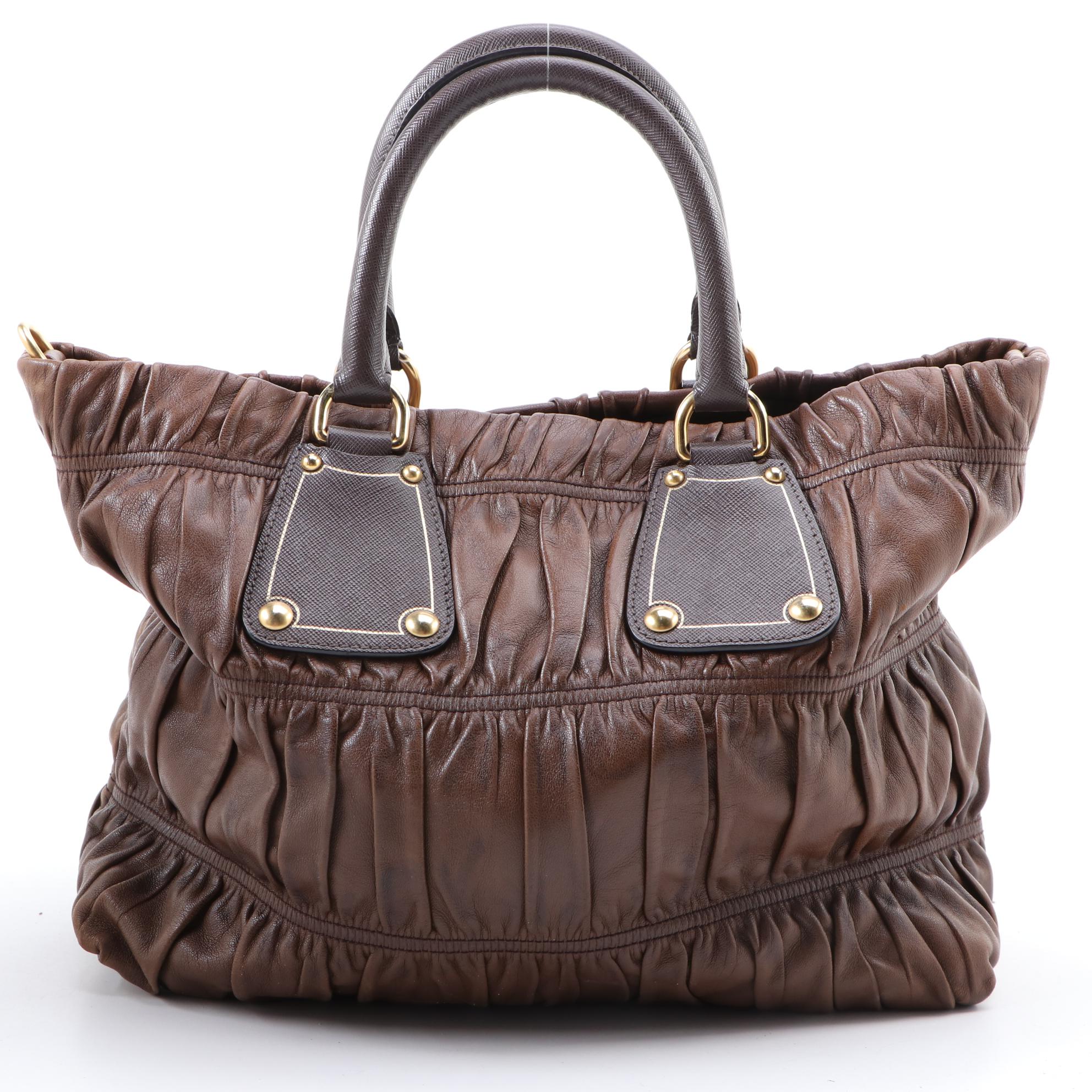 Prada Nappa Gaufre Top Handle Bag in Brown Lambskin and Saffiano Leather