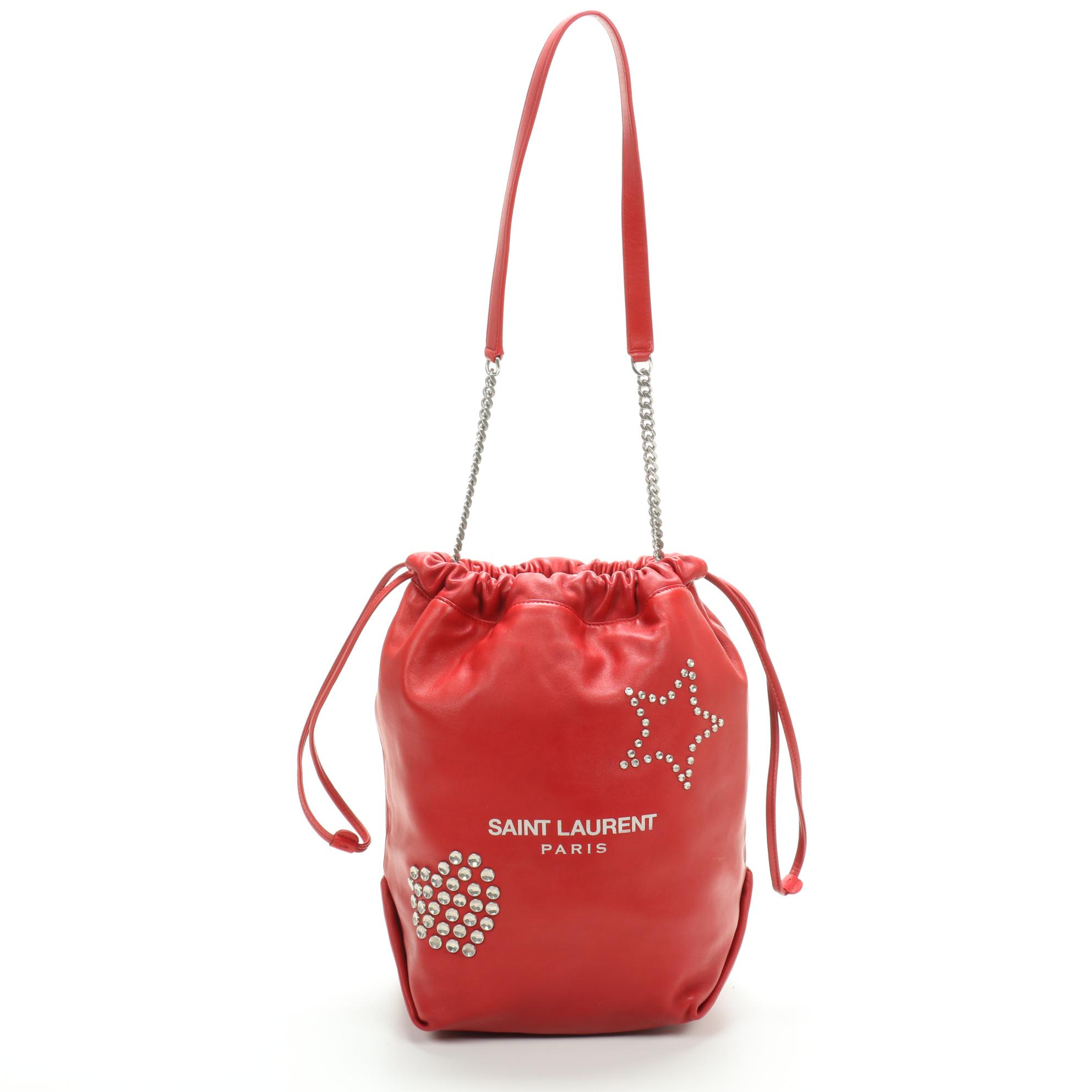 Saint Laurent Teddy Bucket Bag in Red Embellished Leather