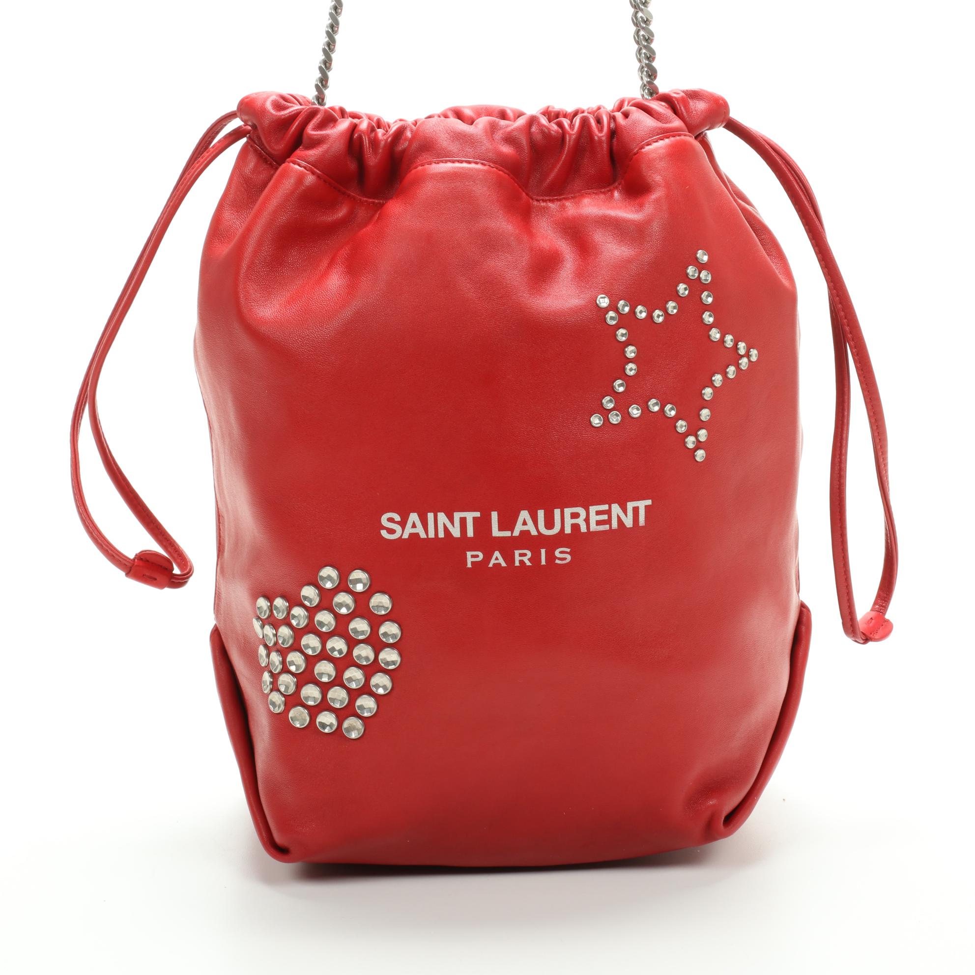 Saint Laurent Teddy Bucket Bag in Red Embellished Leather