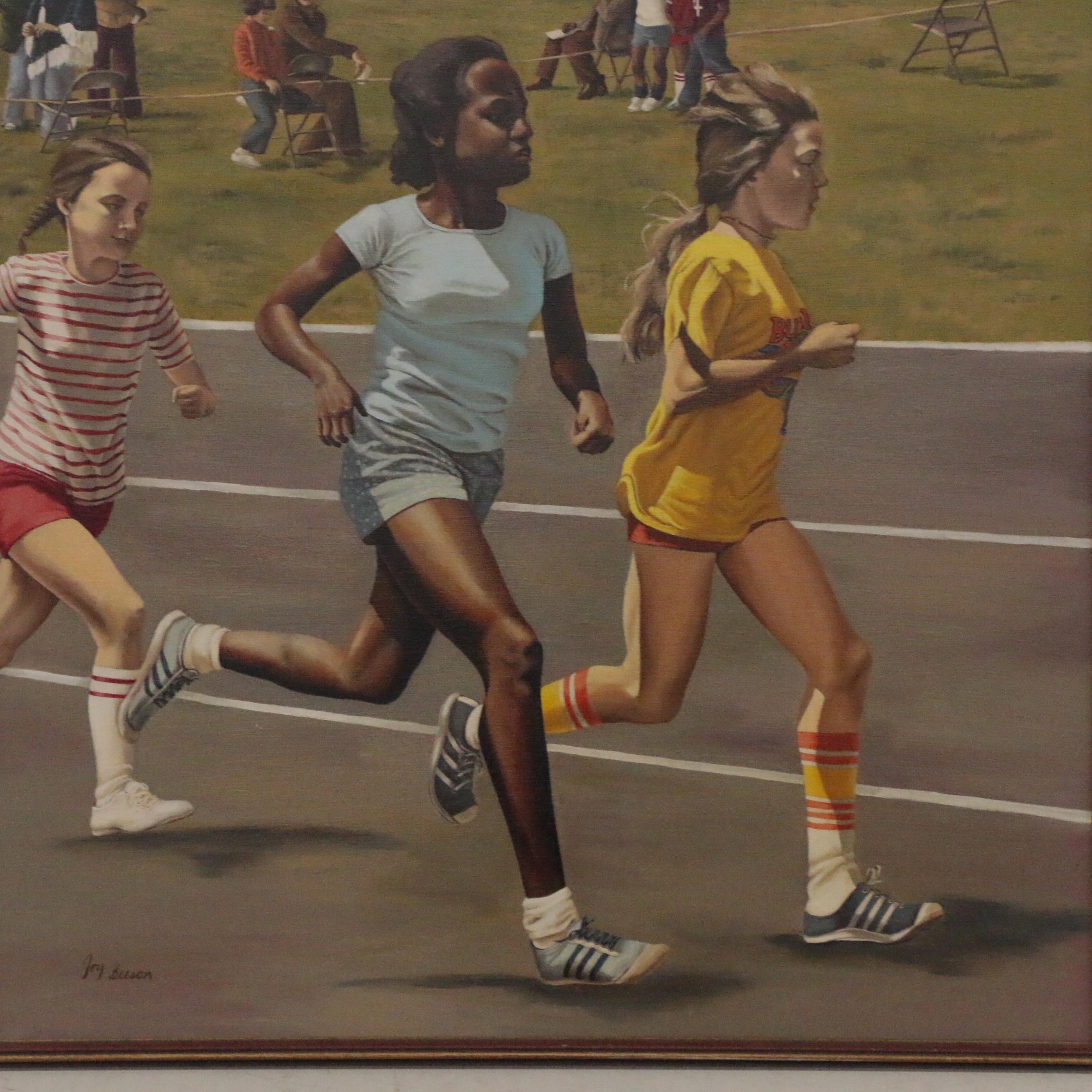 Joy Beeson Oil Painting of Track Race, Late 20th Century