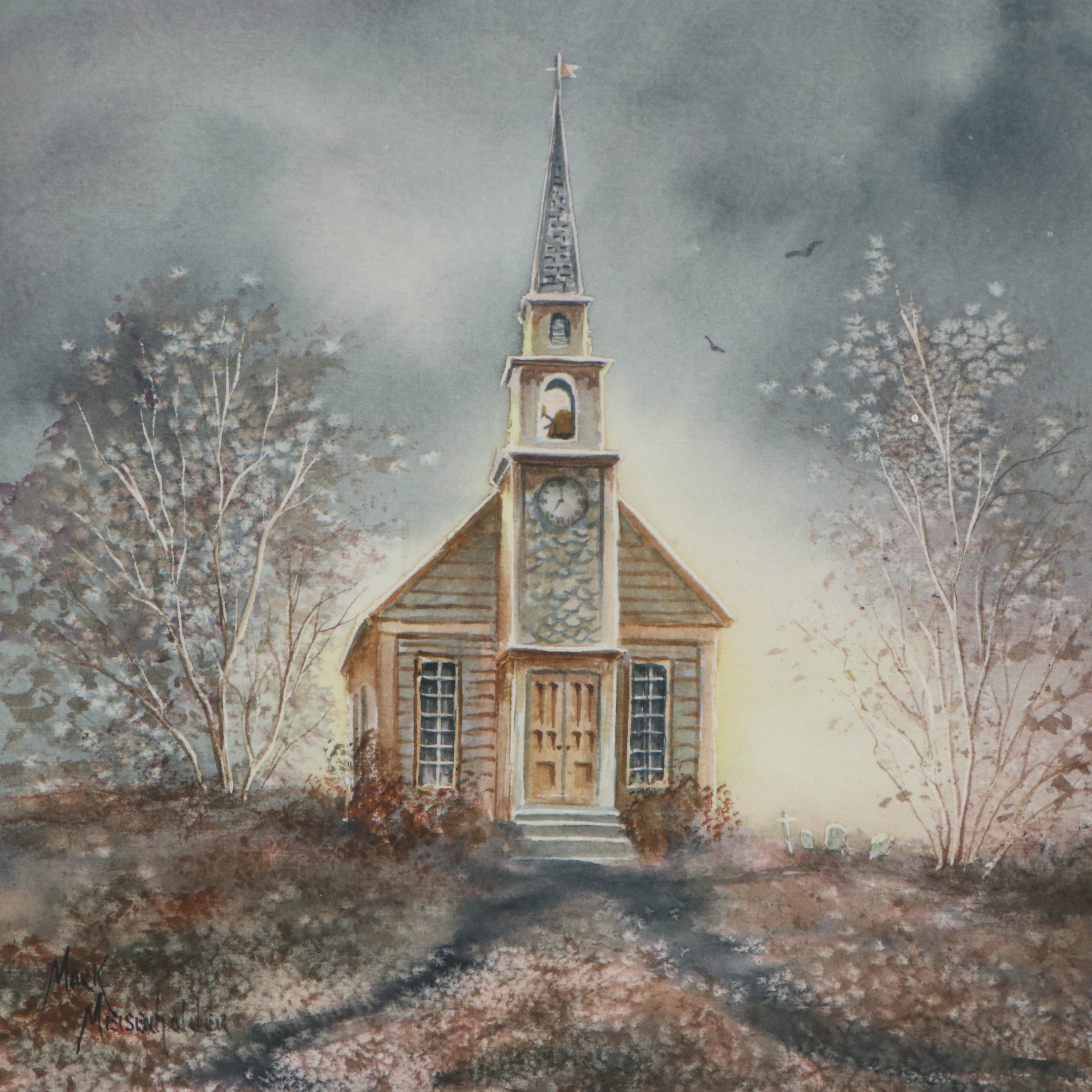 Mark Meisenholder Watercolor Painting "Country Church," Late 20th Century