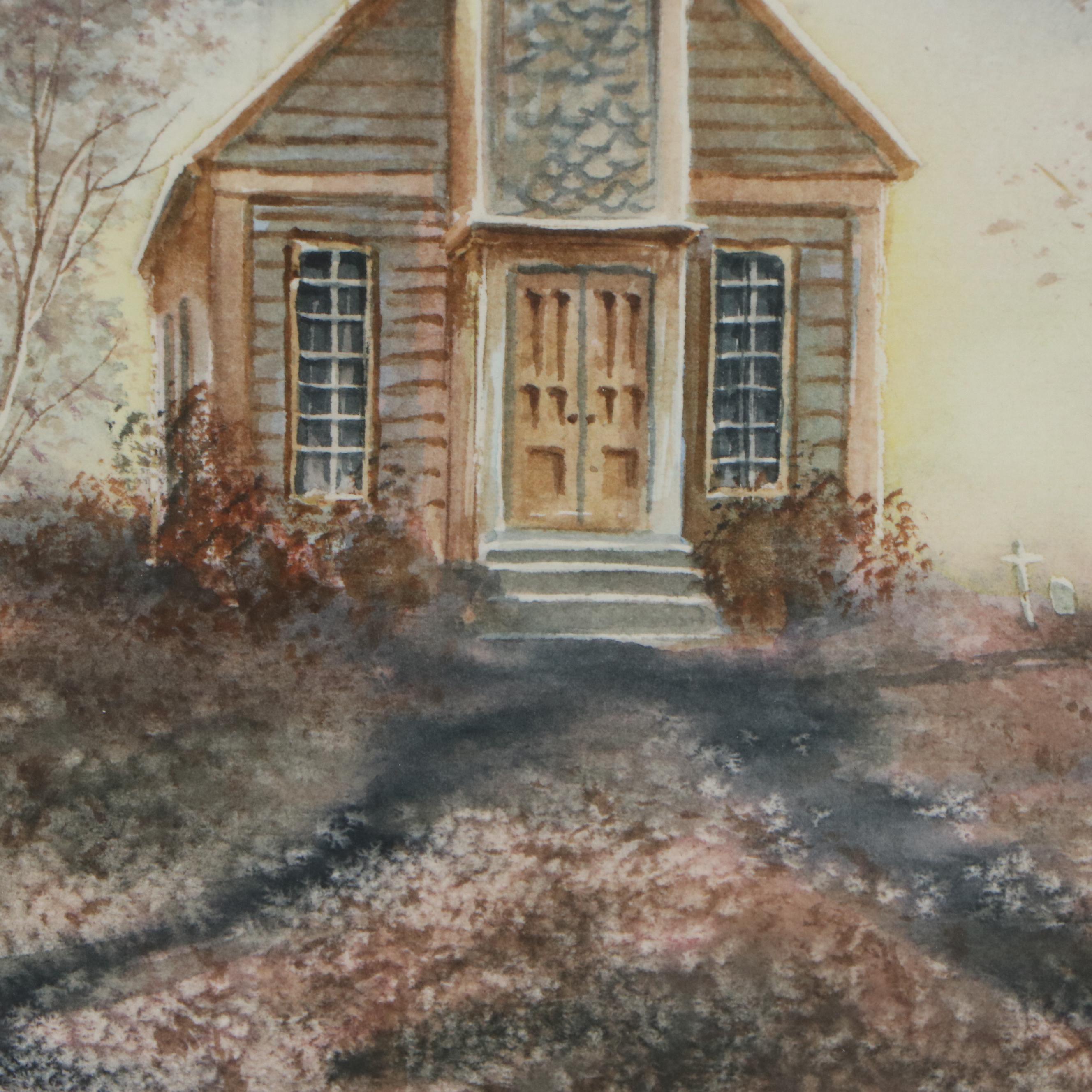 Mark Meisenholder Watercolor Painting "Country Church," Late 20th Century