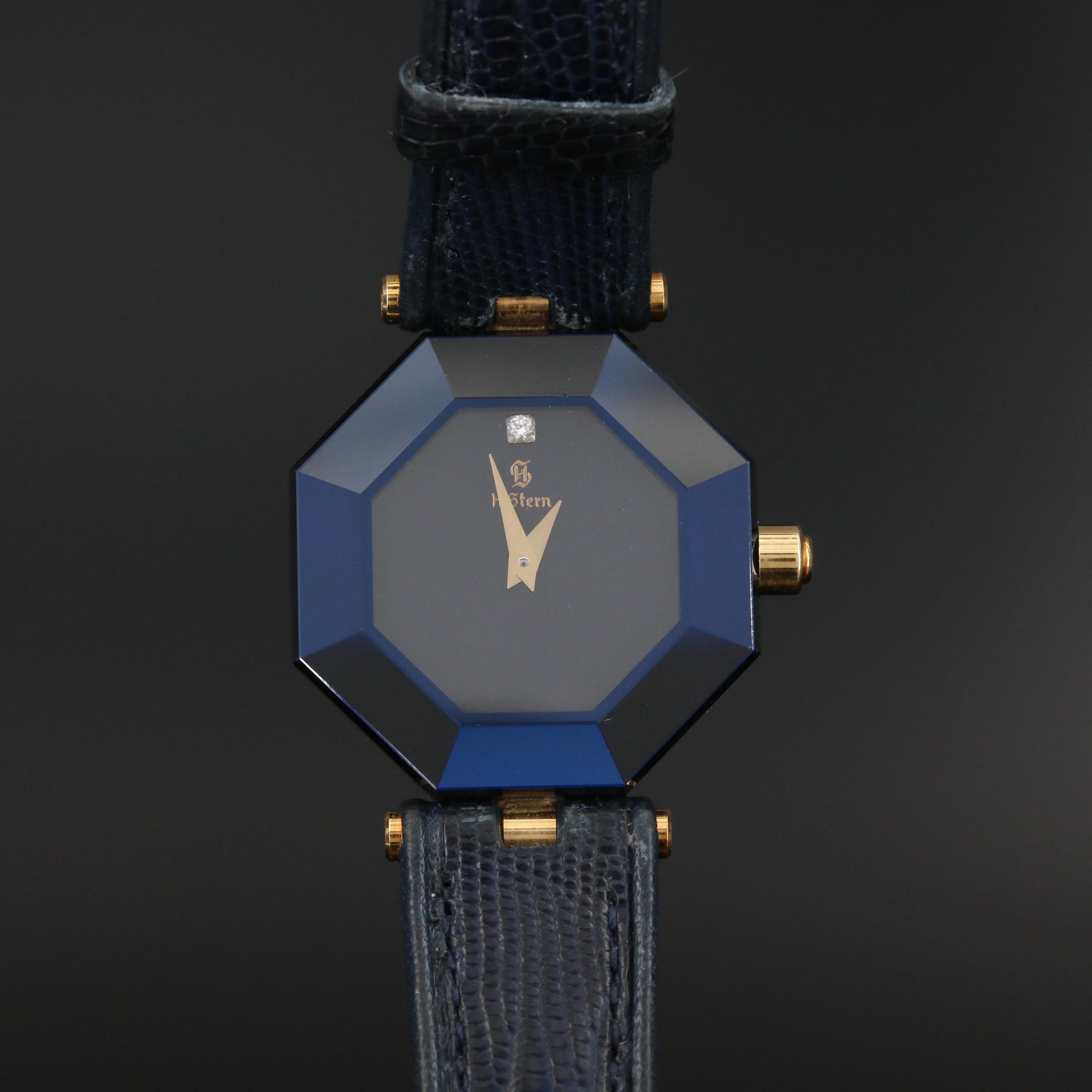 Vintage Stern Blue Sapphire 18K Gold Diamond Dial Quartz Watch