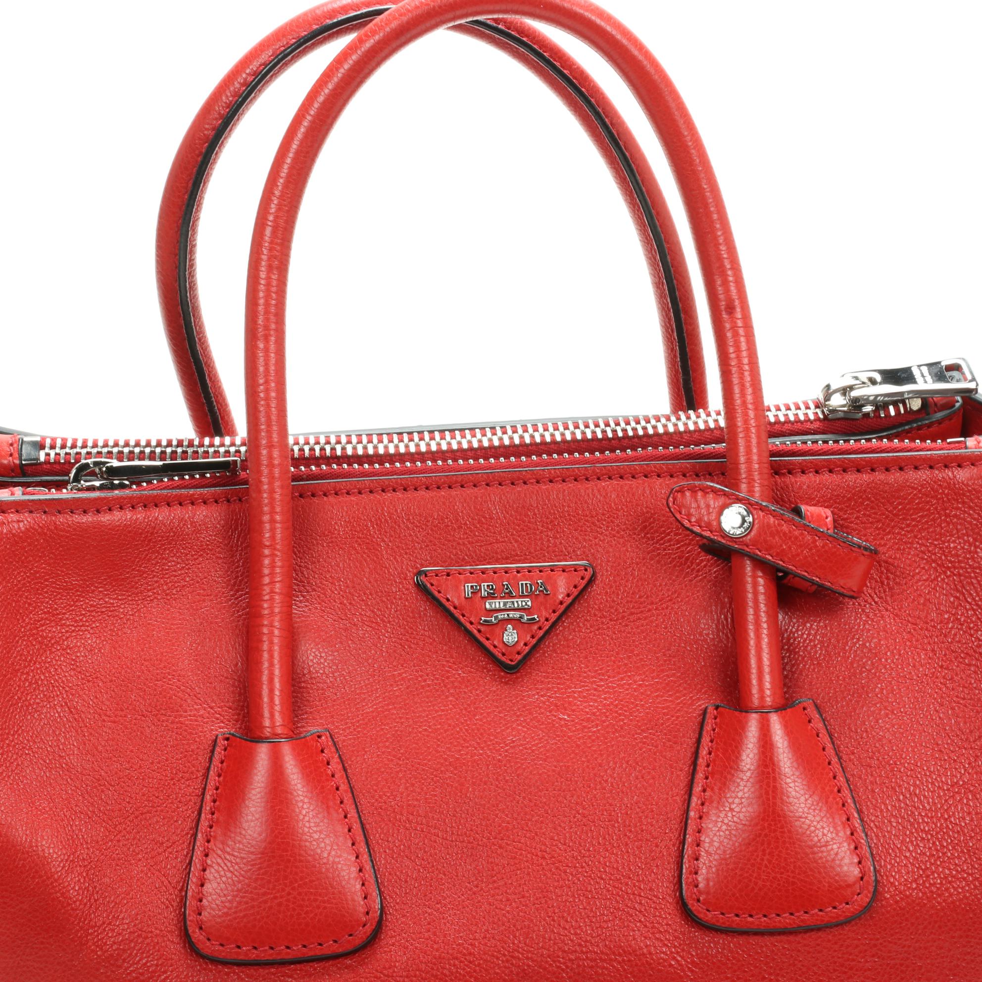 Prada Red Glace Calf Leather Medium Twin Pocket Two-Way Tote