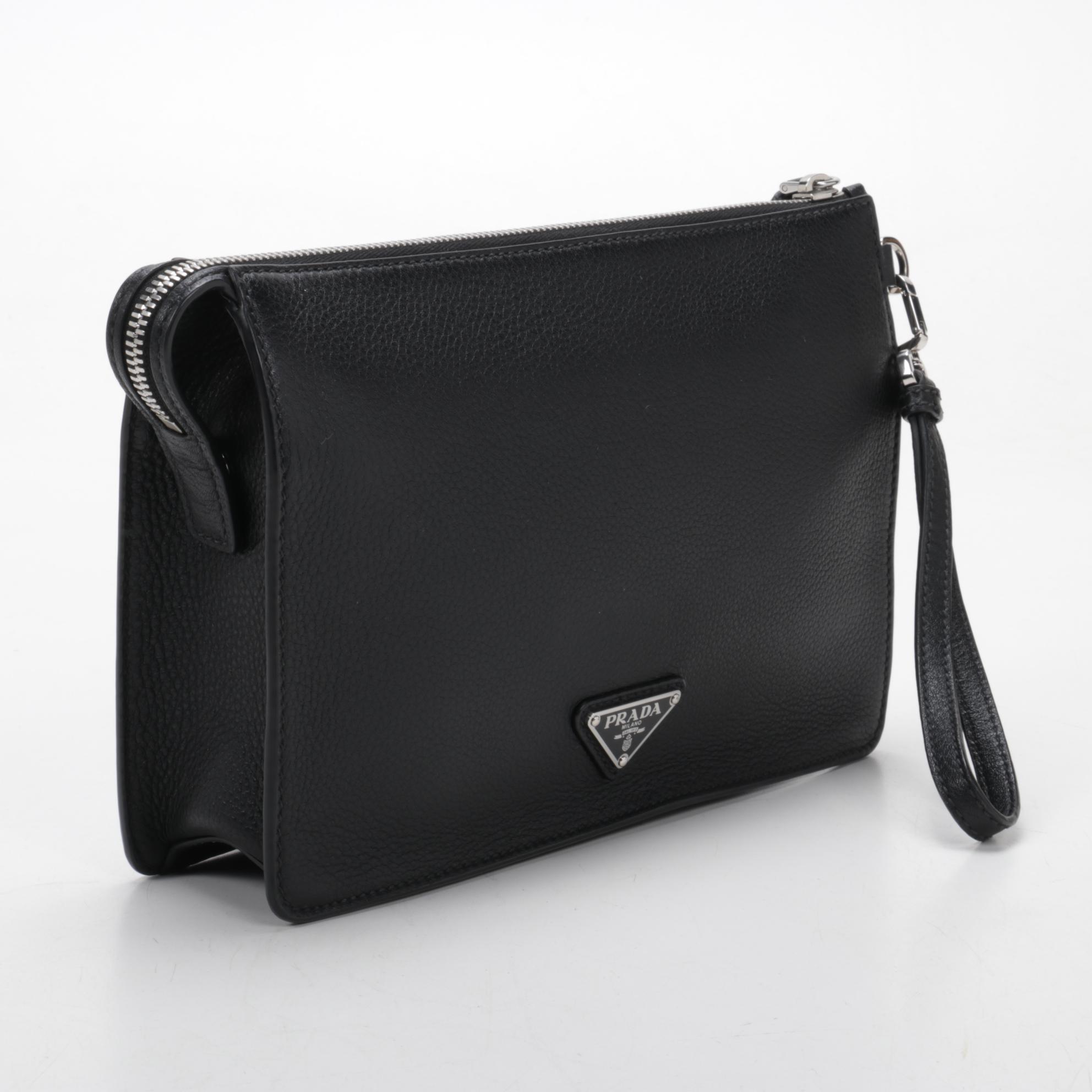 Prada Wristlet Clutch in Black Grained Leather