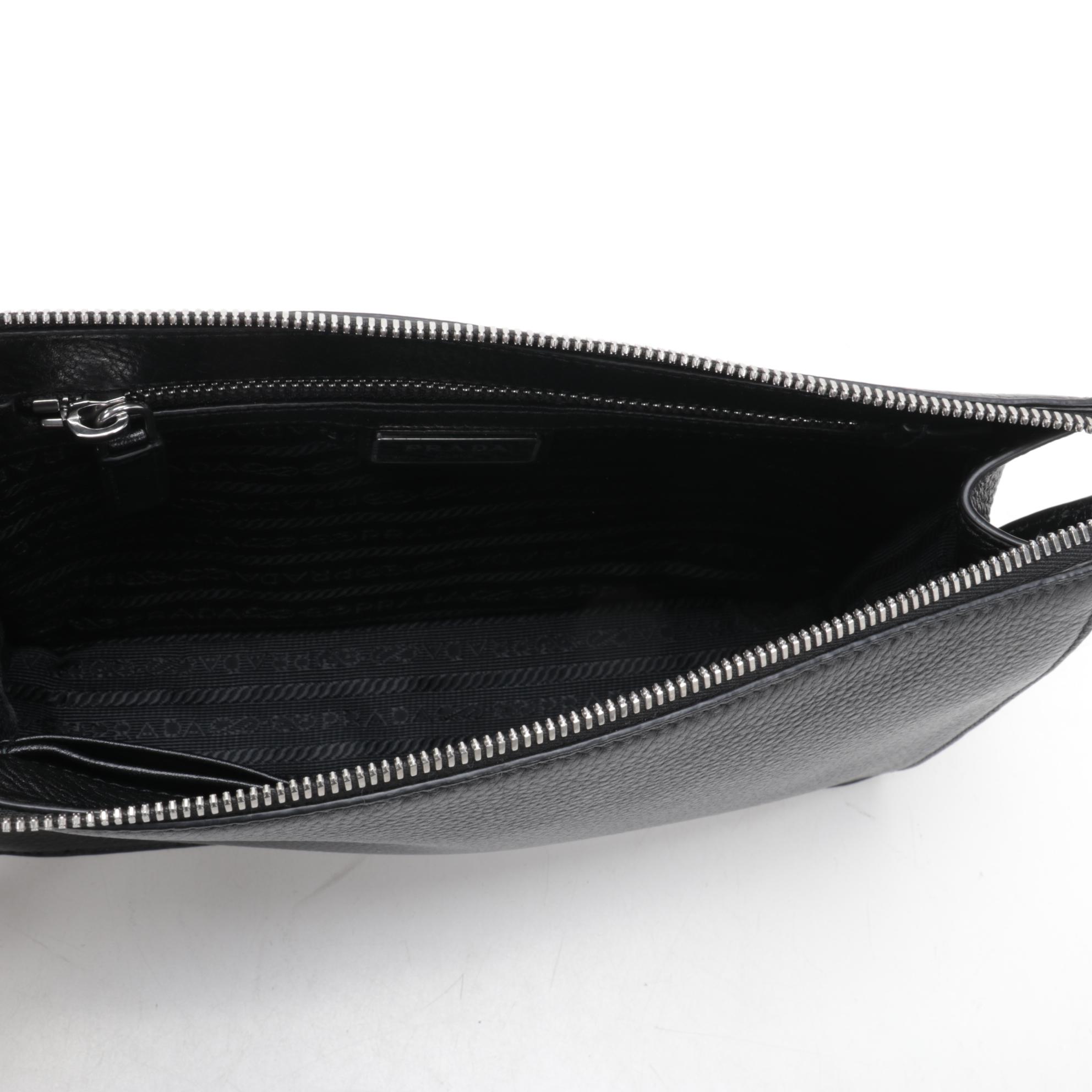 Prada Wristlet Clutch in Black Grained Leather