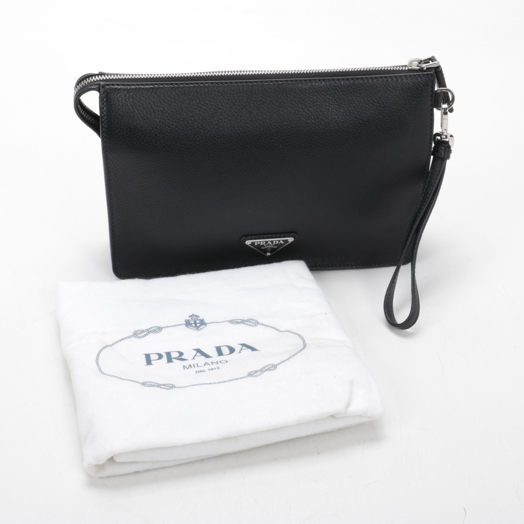 Prada Wristlet Clutch in Black Grained Leather