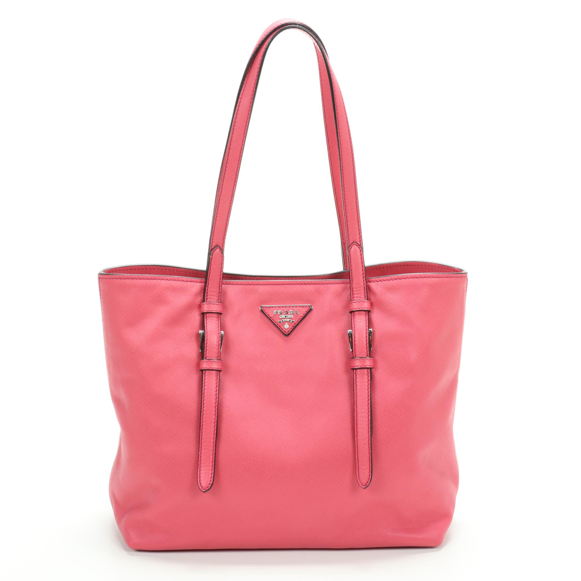 Prada Medium Belted Soft Tote in Pink Saffiano Leather