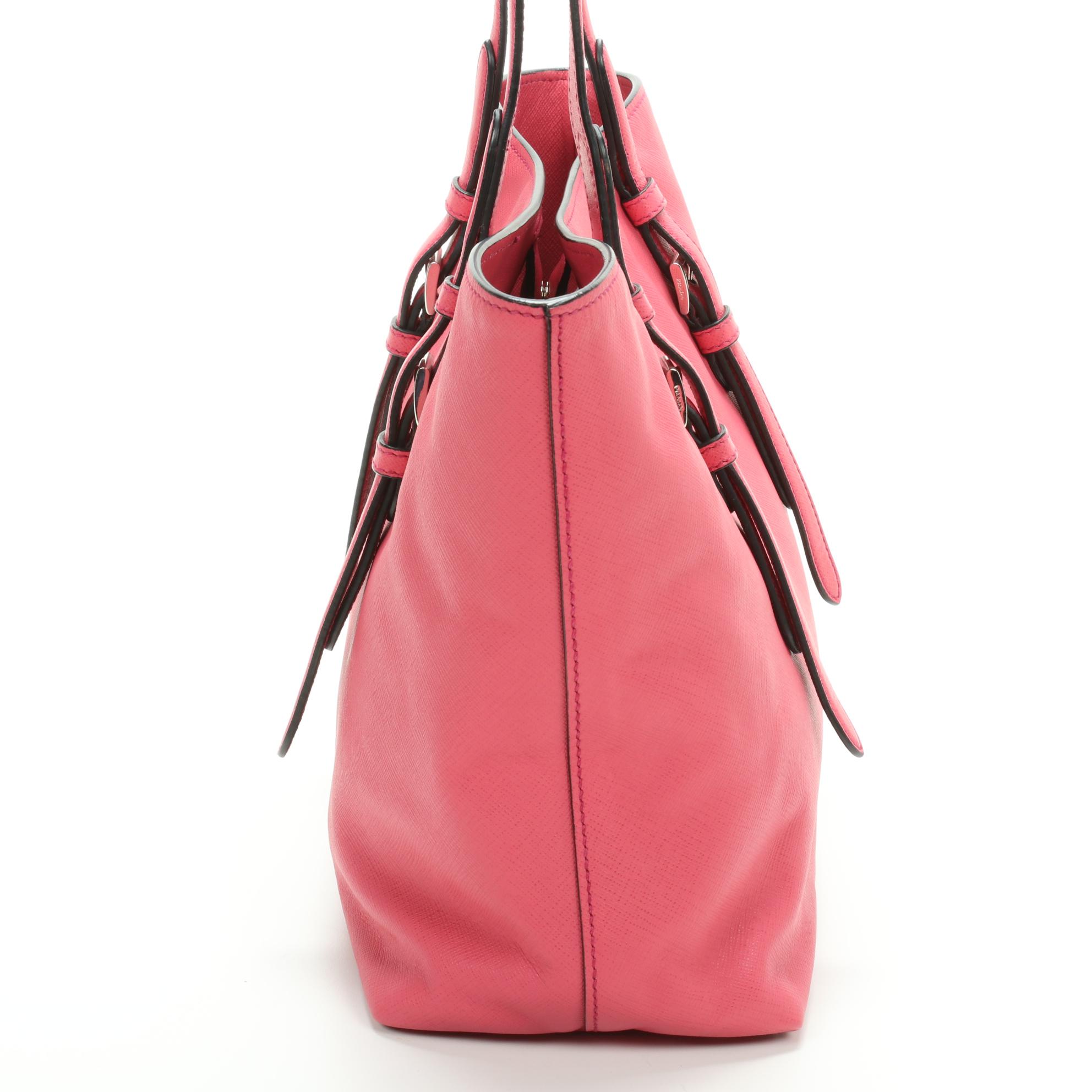 Prada Medium Belted Soft Tote in Pink Saffiano Leather