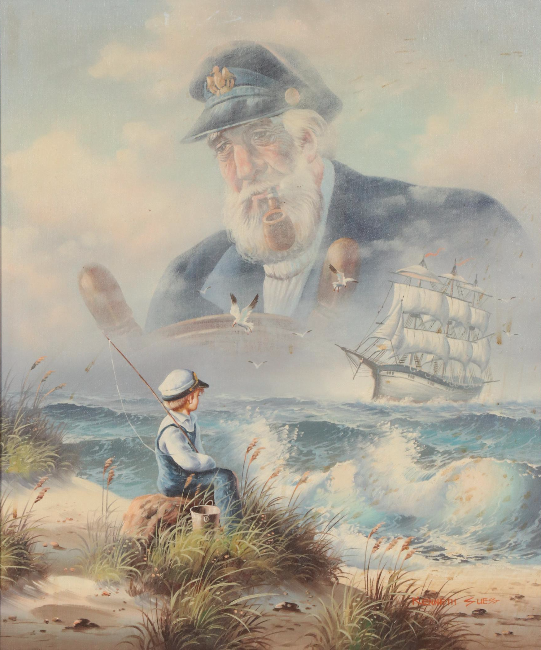 Kenneth Suess Oil Painting of a Boy and Sea Captain