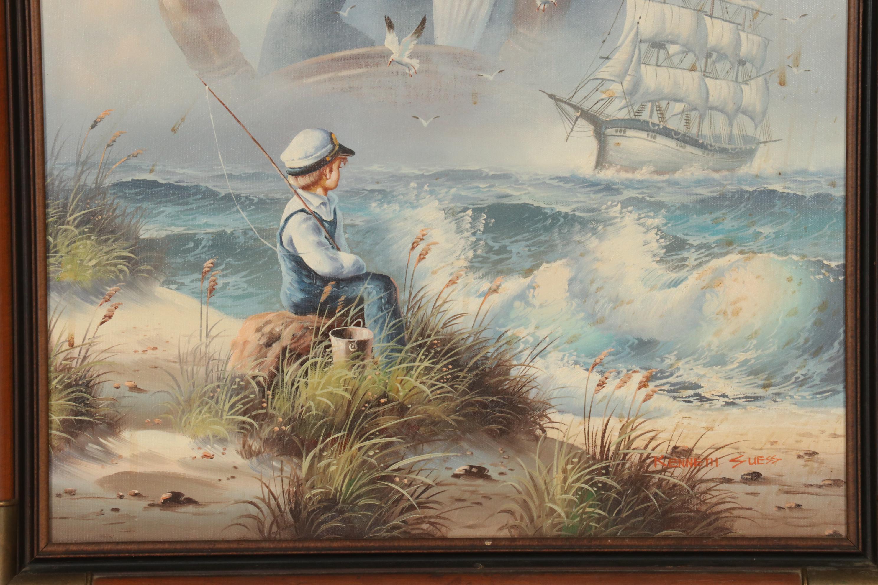 Kenneth Suess Oil Painting of a Boy and Sea Captain