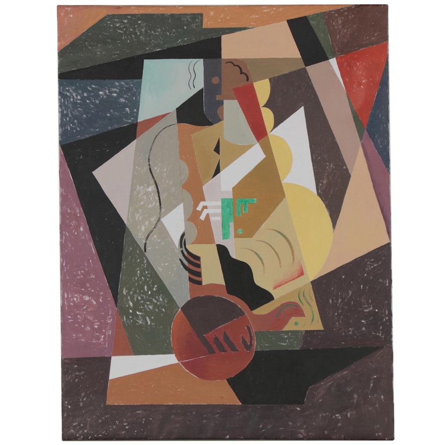 Eduardo Oliva Cubist Acrylic Painting "Musico/Cubista," 1969 - 1980