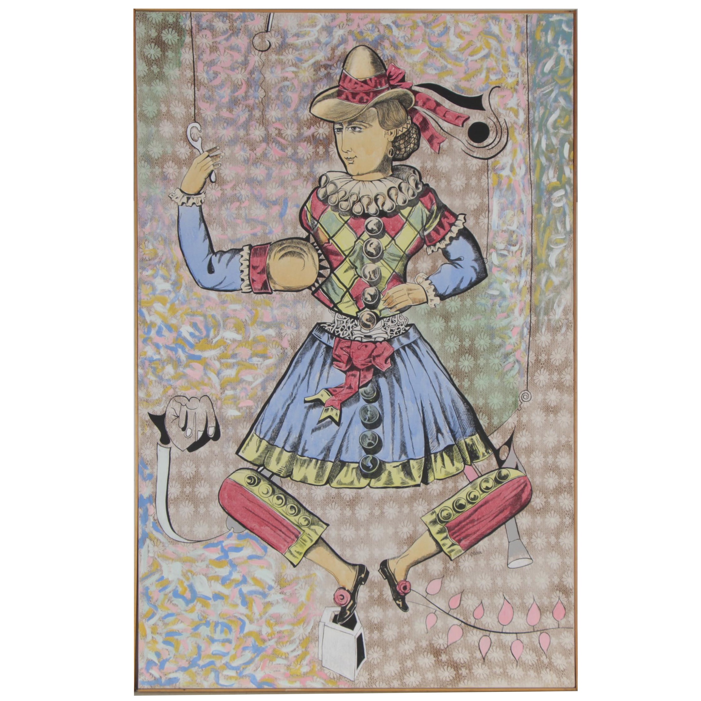 Eduardo Oliva Monumental Mixed Media Painting "Señora Arlequin Concada El Hilo"