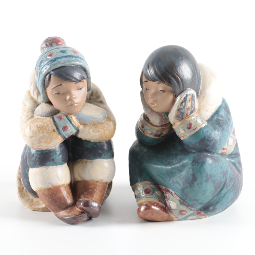Lladró Porcelain "Pensive Eskimo Boy" and  "Pensive Eskimo Girl"