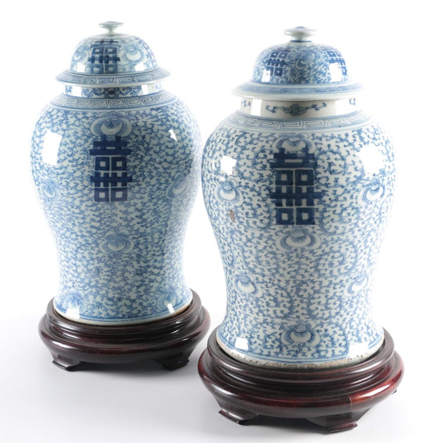 Pair of Chinese Blue and White Porcelain Temple Jars with Lids, 20th Century