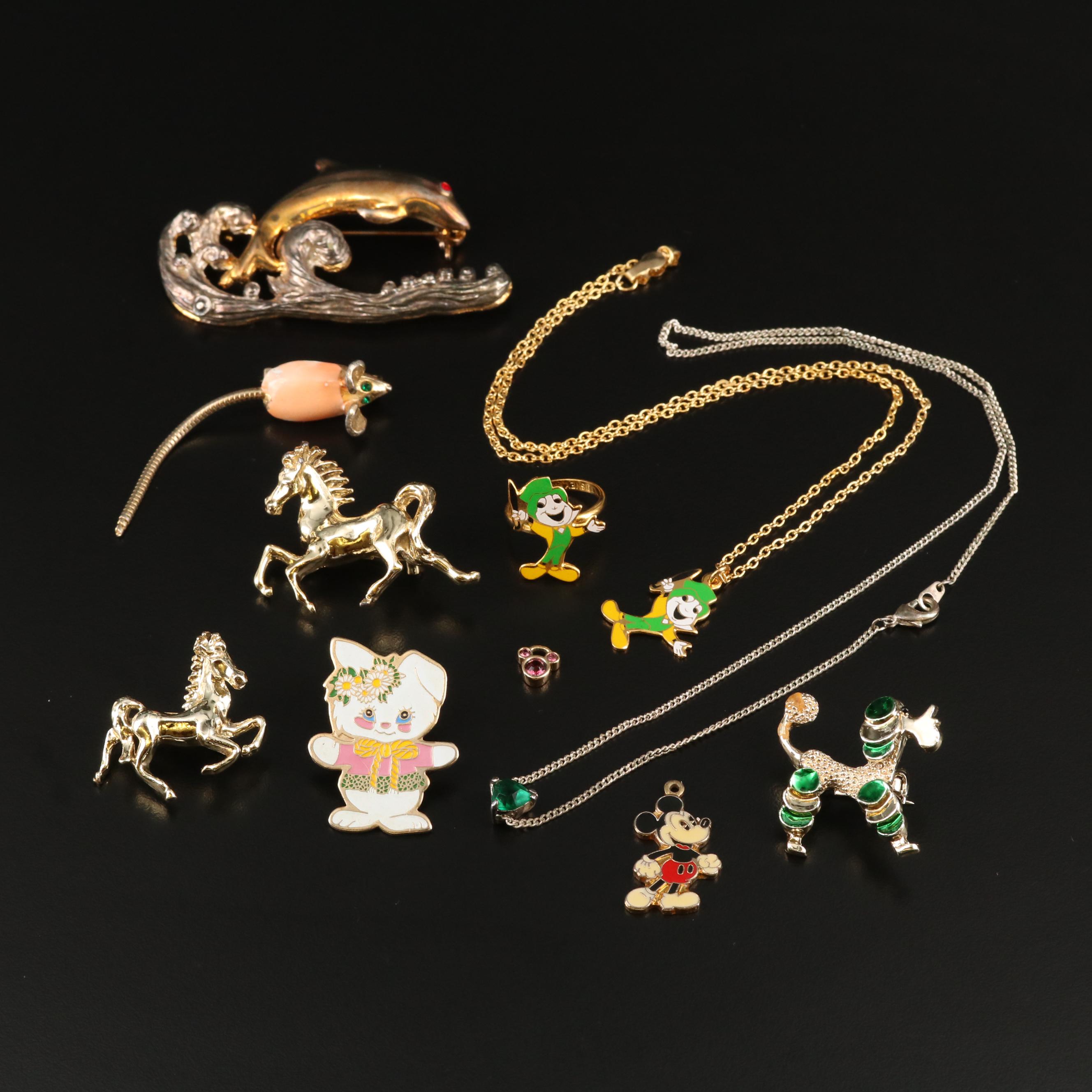 Rhinestone Pins, Charms, Brooches and Necklaces Featuring Disney